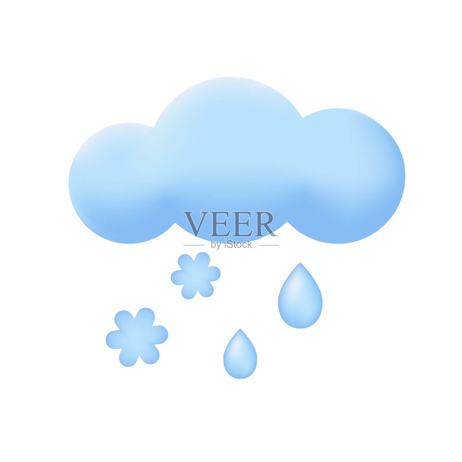 蓝色的云，雨滴和雪花。雪与痛苦天气预报元素图标。3 d插画图片素材