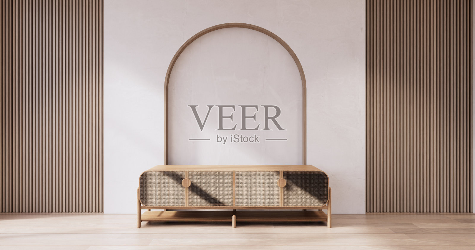 橱柜木制日式设计，客厅无印良品风格的空墙背景。照片摄影图片