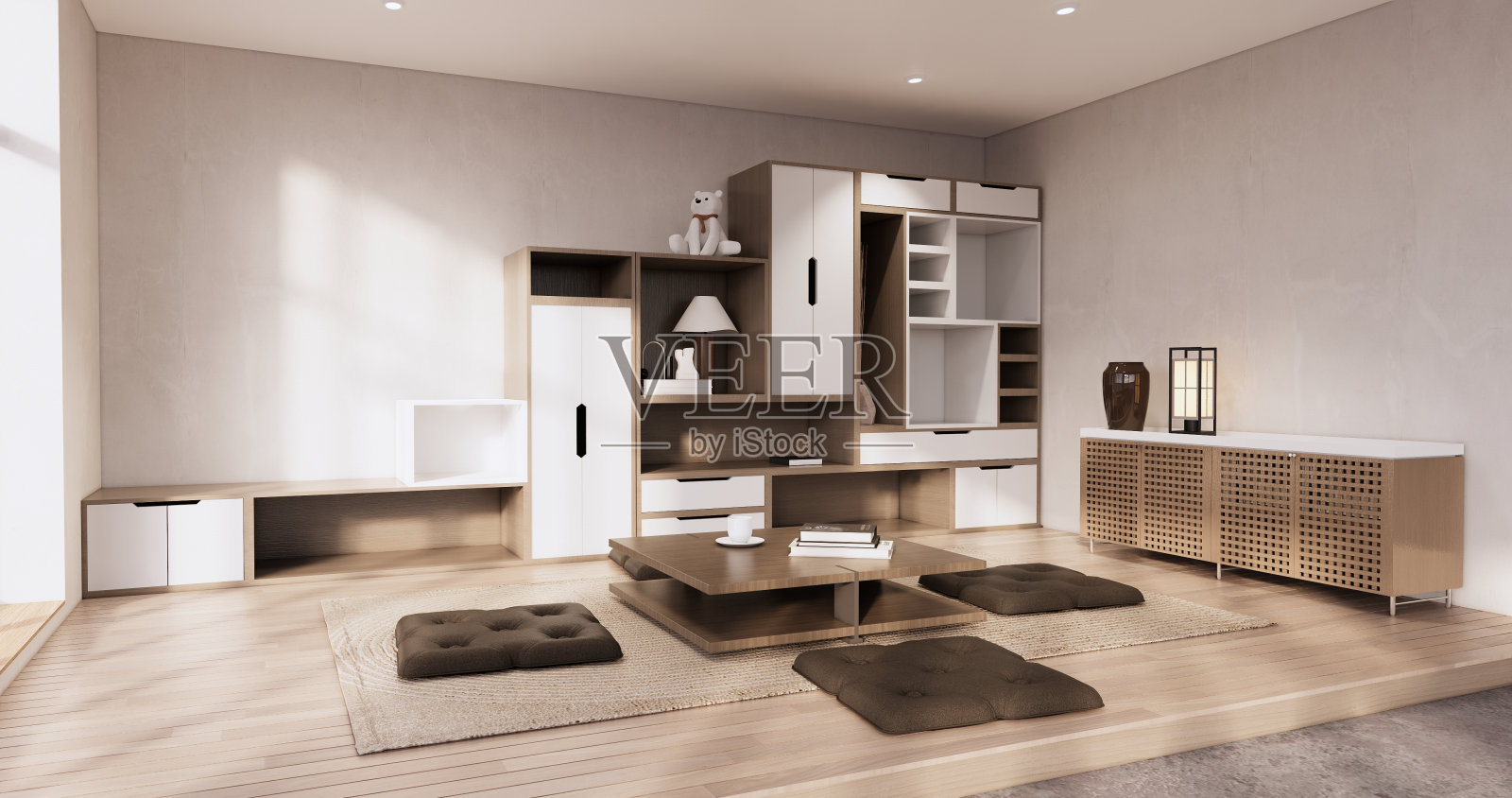 极简客厅日式风格设计上的构思箱壁架。照片摄影图片