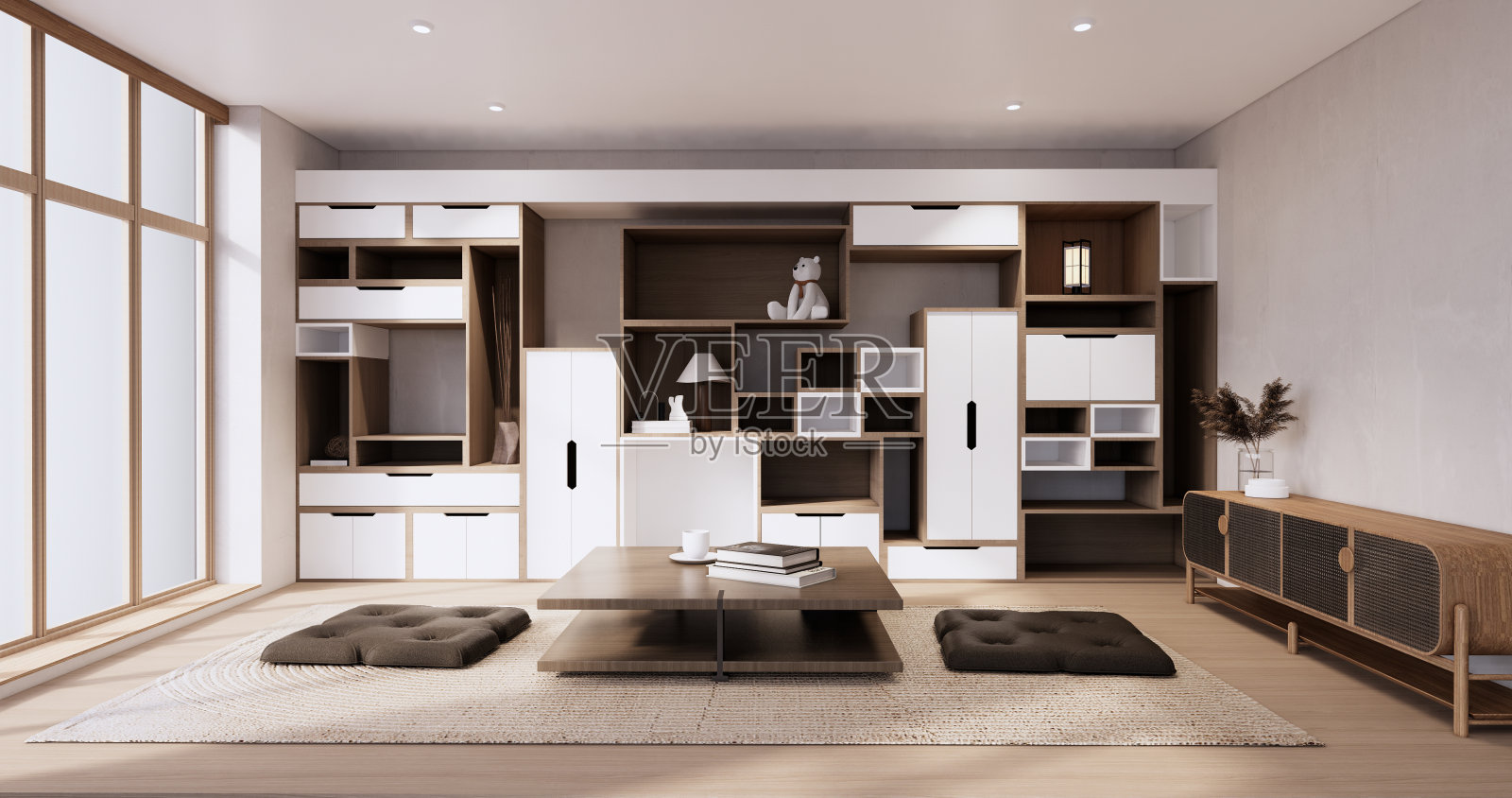 极简客厅日式风格设计上的构思箱壁架。照片摄影图片