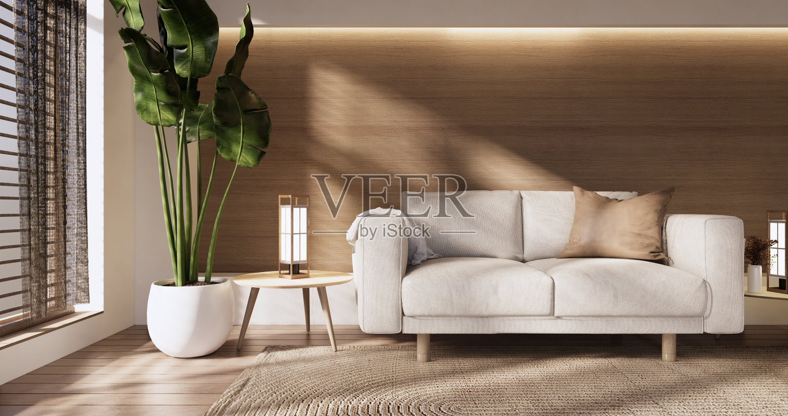 极简无印良品风格，空木质房间，清洁日式房间内部。照片摄影图片