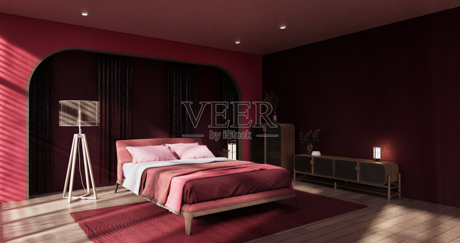 Viva品红色卧室日式设计在最小无印良品房间内部。照片摄影图片