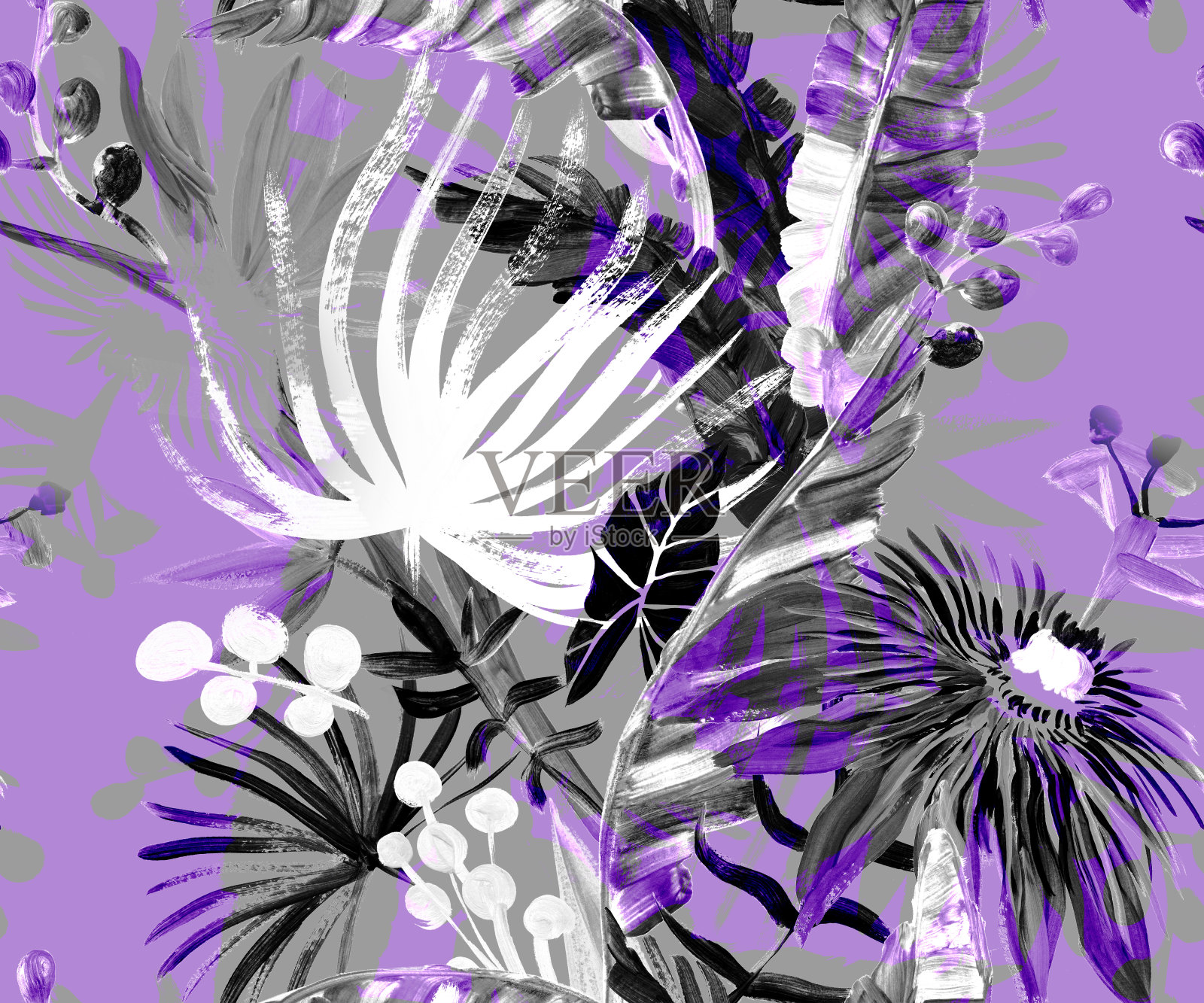 单色无缝模式与热带花卉和树叶画在干刷水粉纺织插画图片素材