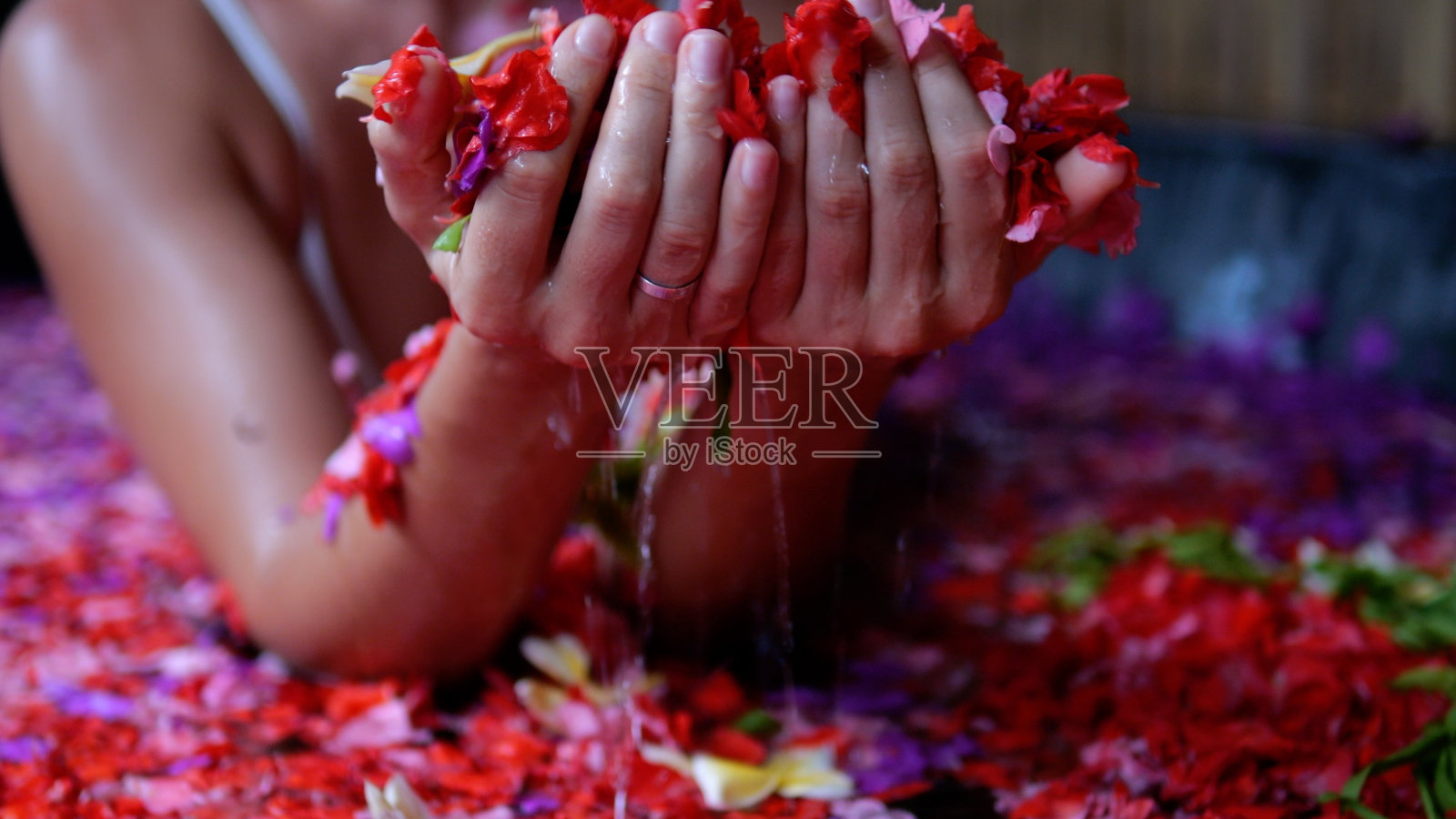 一名女子在温泉酒店的浴缸里放松，浴缸里有红色和粉红色的花朵。芳香疗法的概念与鲜花。在巴厘岛度假的天堂酒店，浴室里放着鲜花的浪漫蜜月。照片摄影图片