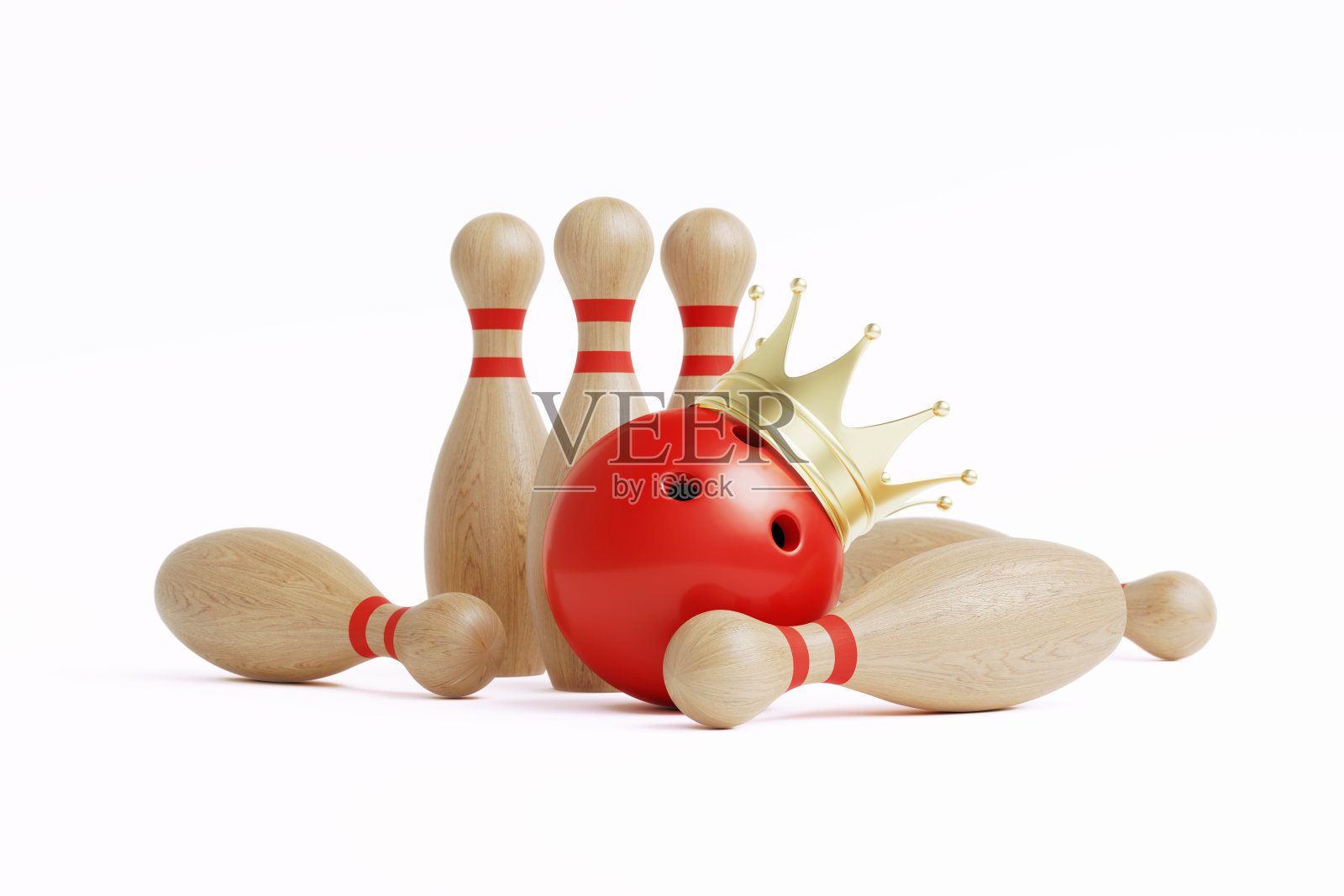 保龄球概念-加冕保龄球和保龄球瓶在白色背景照片摄影图片