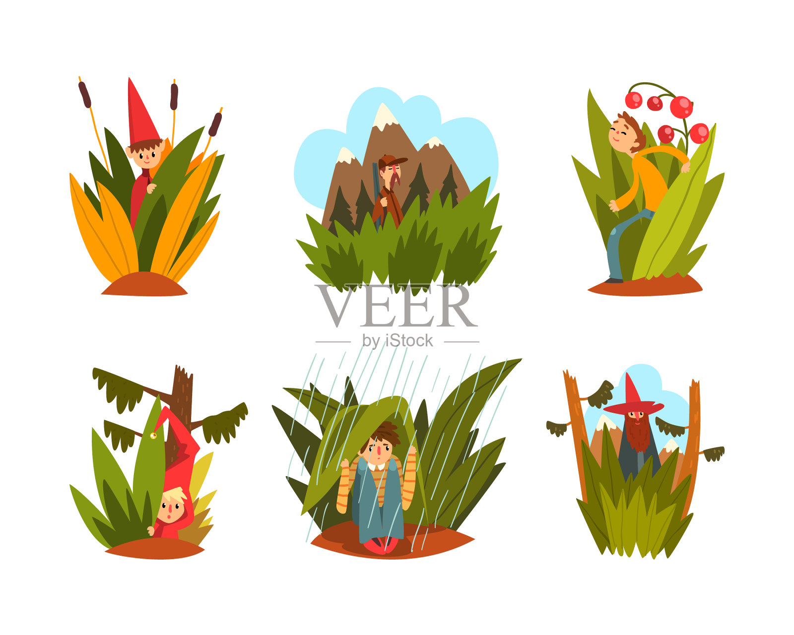 小仙人在高高的草丛中行走和躲藏插画图片素材