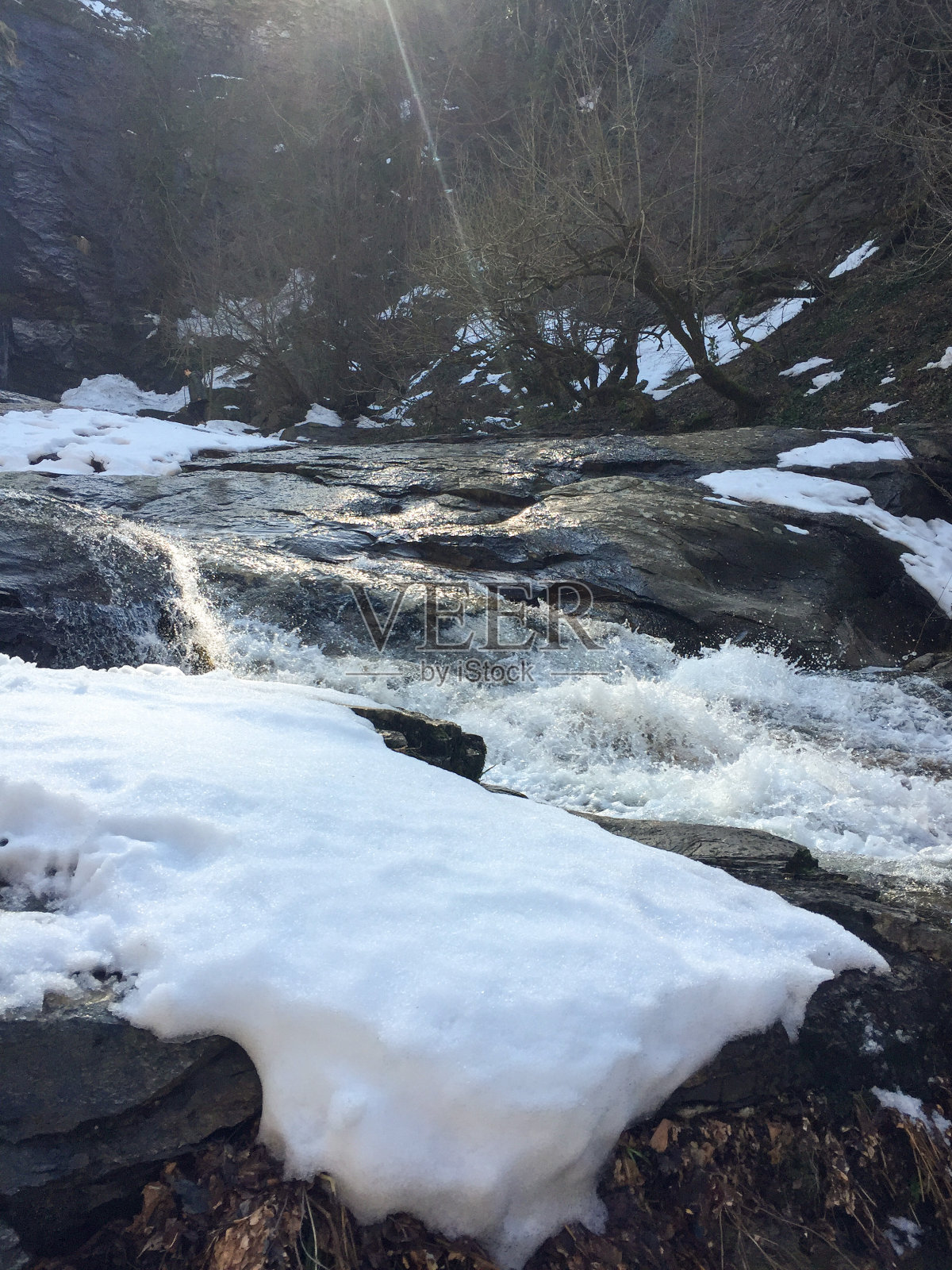 森林里的雪正在融化。河边的雪正在融化照片摄影图片