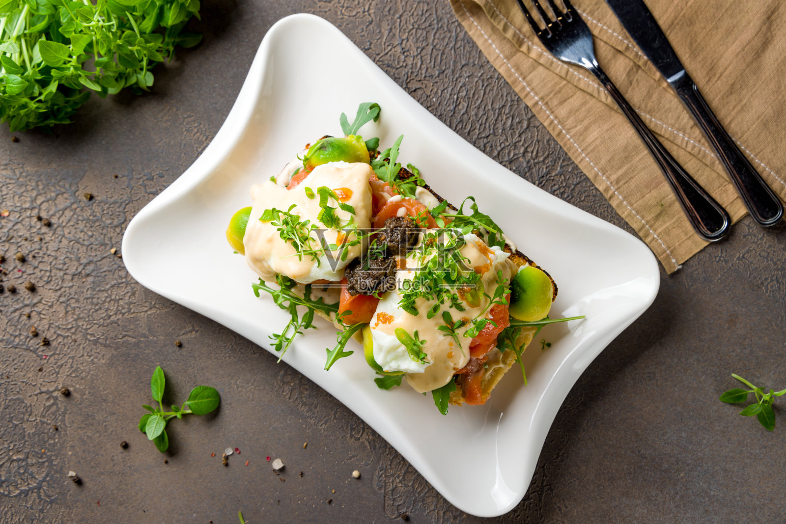 本尼迪克特三文鱼蛋和鳄梨松露酱俯视图照片摄影图片