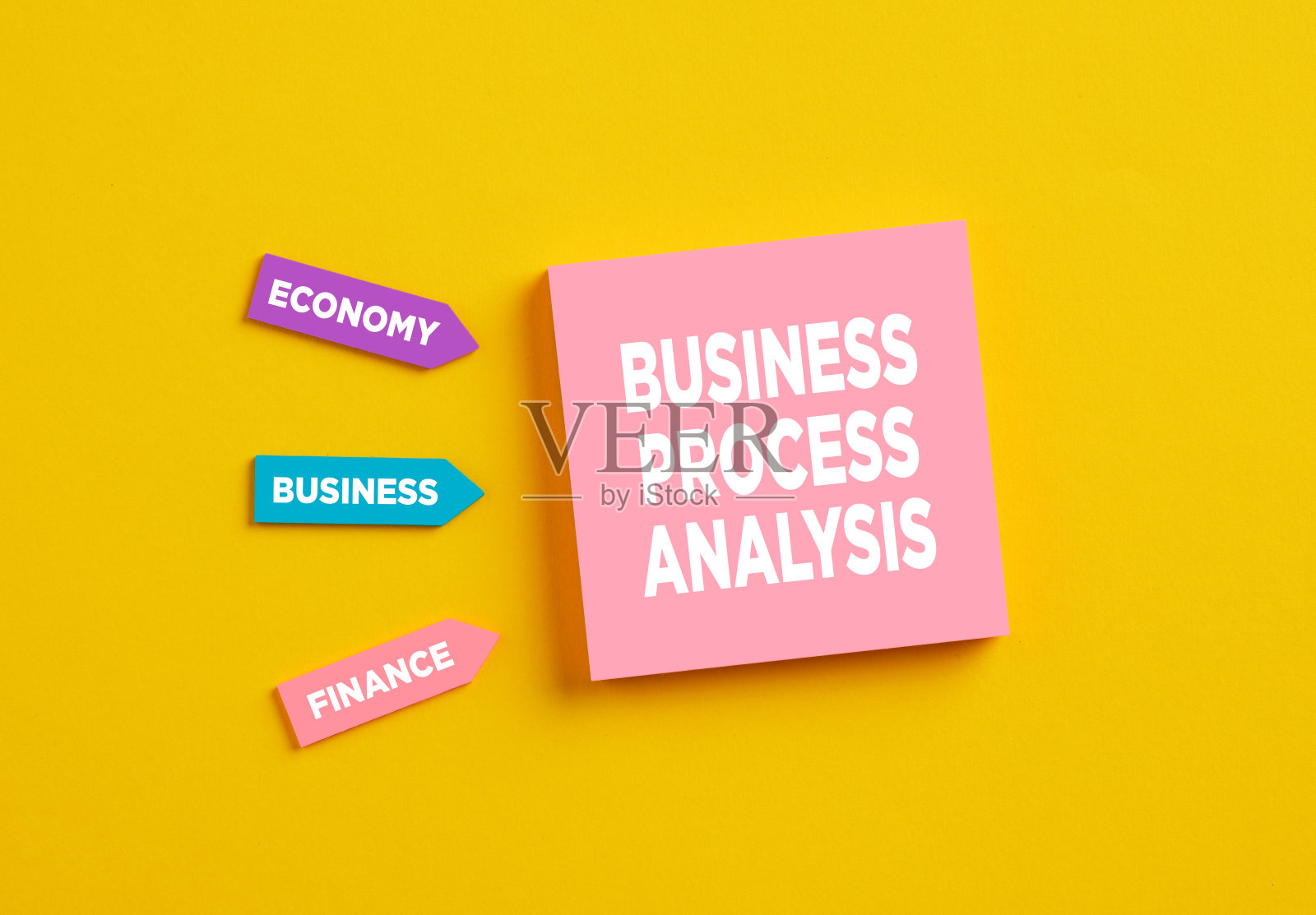 粉色便签纸上的业务流程分析。过程行动组织业务系统概念。照片摄影图片