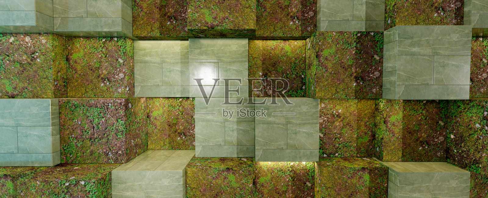 墙壁随机放置的绿色瓷砖和有机材料覆盖的盒子。各种灯光，舞台为产品。环保产品照片摄影图片