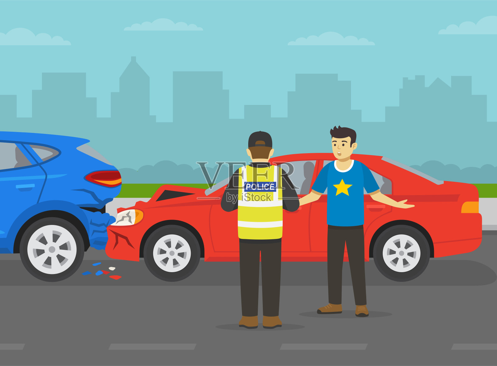 在城市道路上撞毁的汽车。年轻的男司机为自己辩解。交通事故后警察给司机开违章罚单。插画图片素材