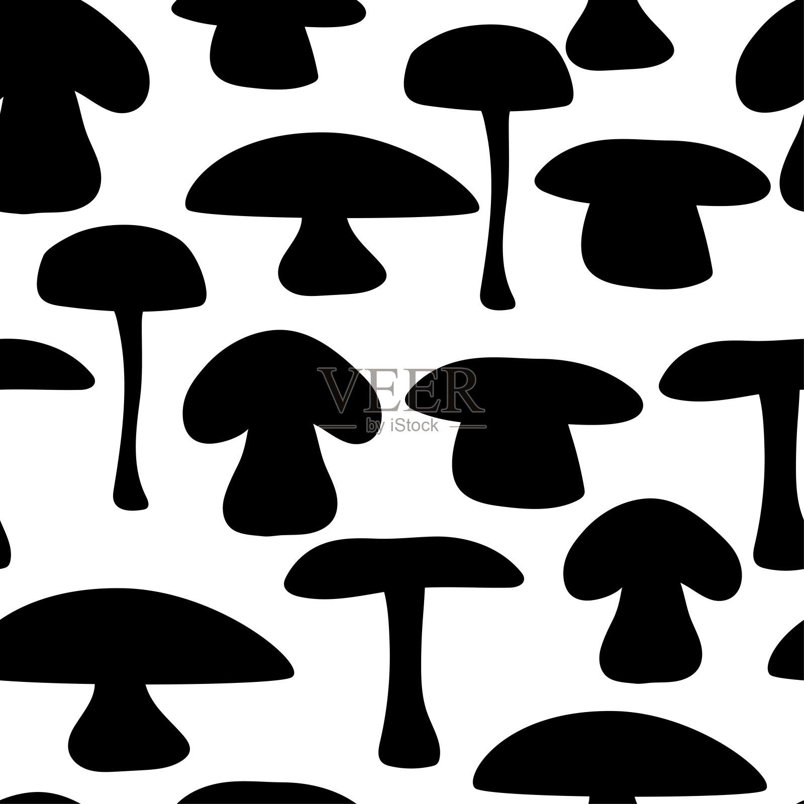 无缝图案蘑菇，黑白单色背景，用于印刷在织物上的包装插画图片素材