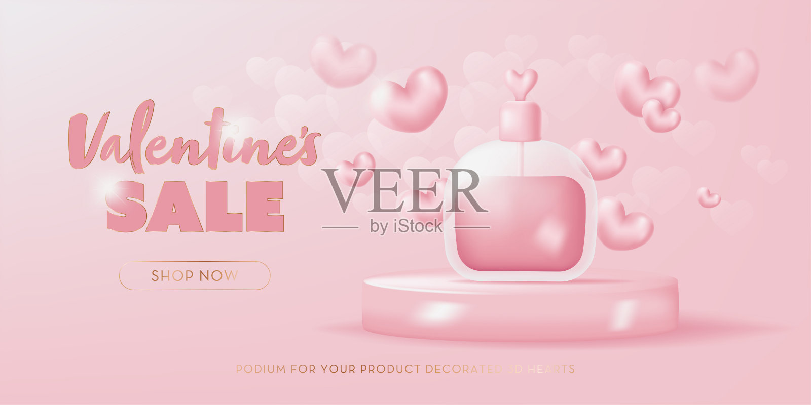 粉红色的香水。讲台上装饰着一颗心。三维最小真实矢量插画图片素材