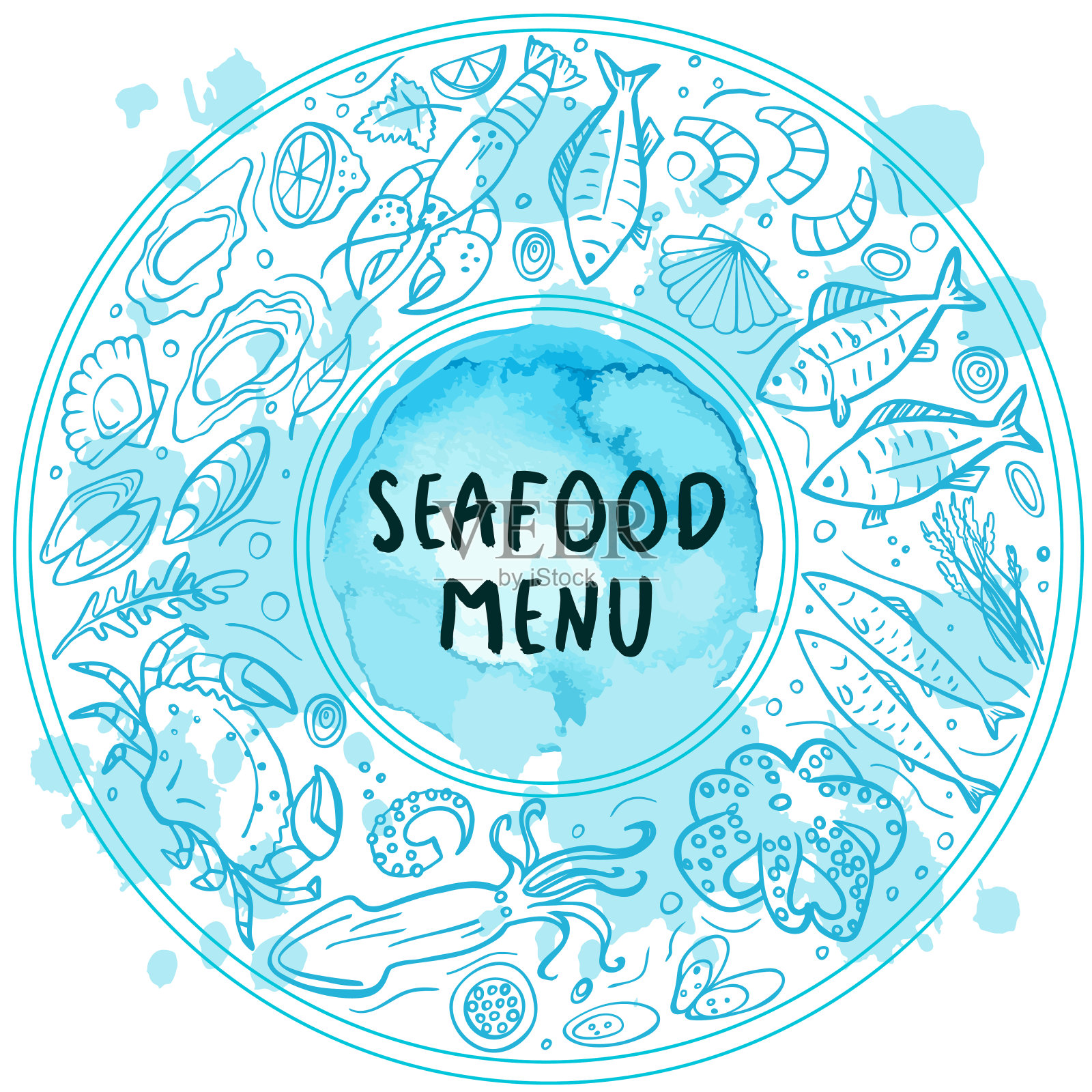 一套在蓝色水彩背景上涂鸦海鲜。插画图片素材