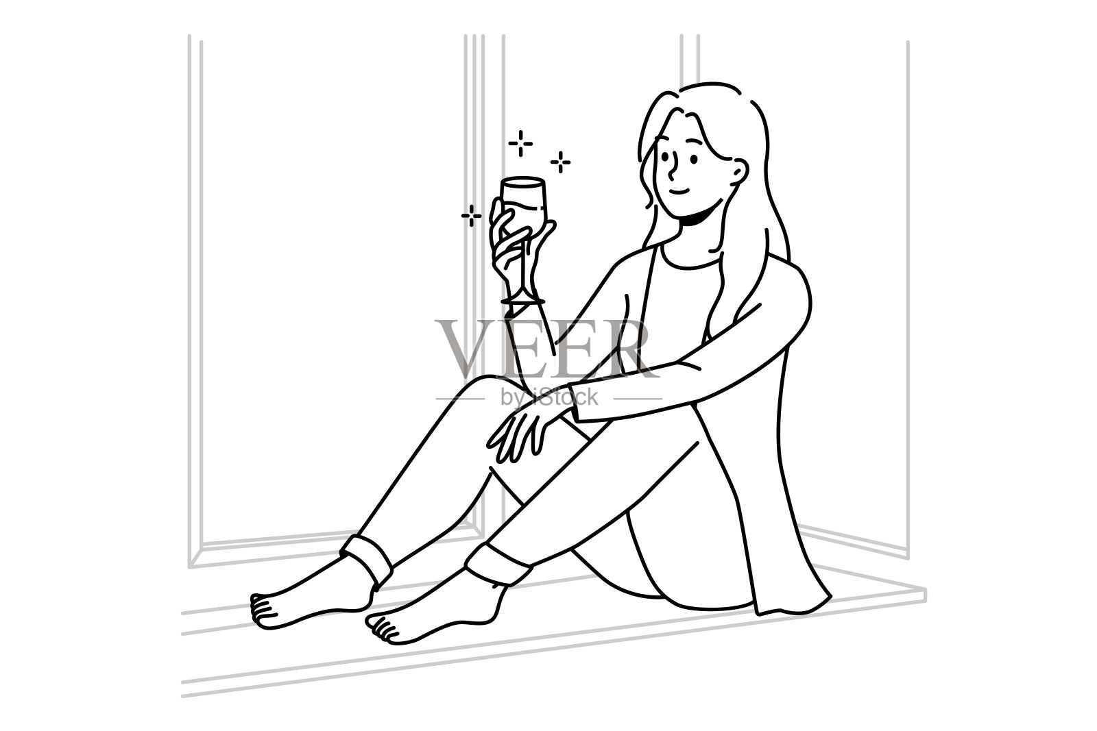 快乐的女人在家喝红酒放松插画图片素材