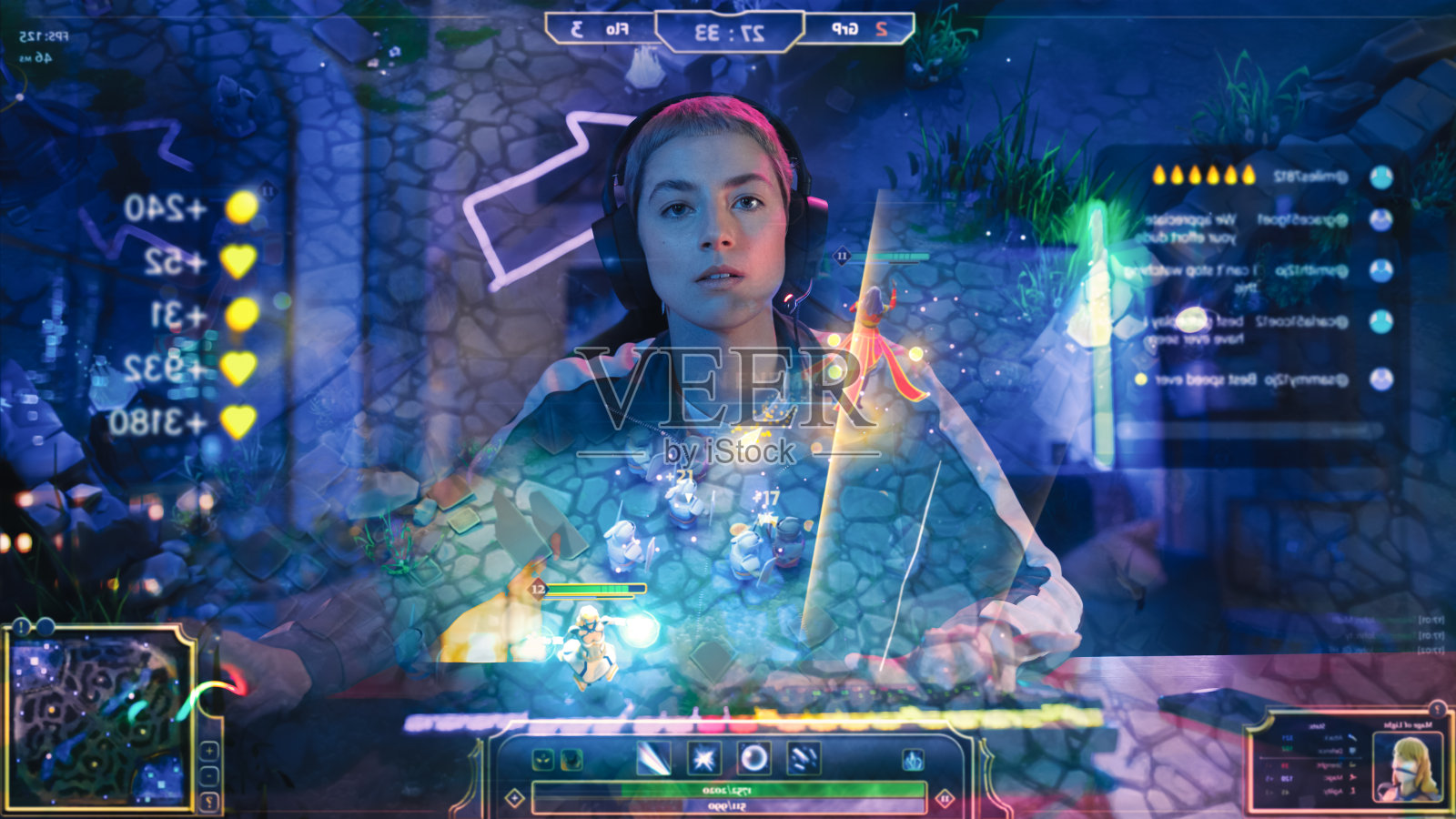 在家玩游戏:女玩家在阁楼公寓玩电脑在线视频游戏。年轻女子与短头发享受在线多人比赛。从游戏玩法角度看POV。照片摄影图片