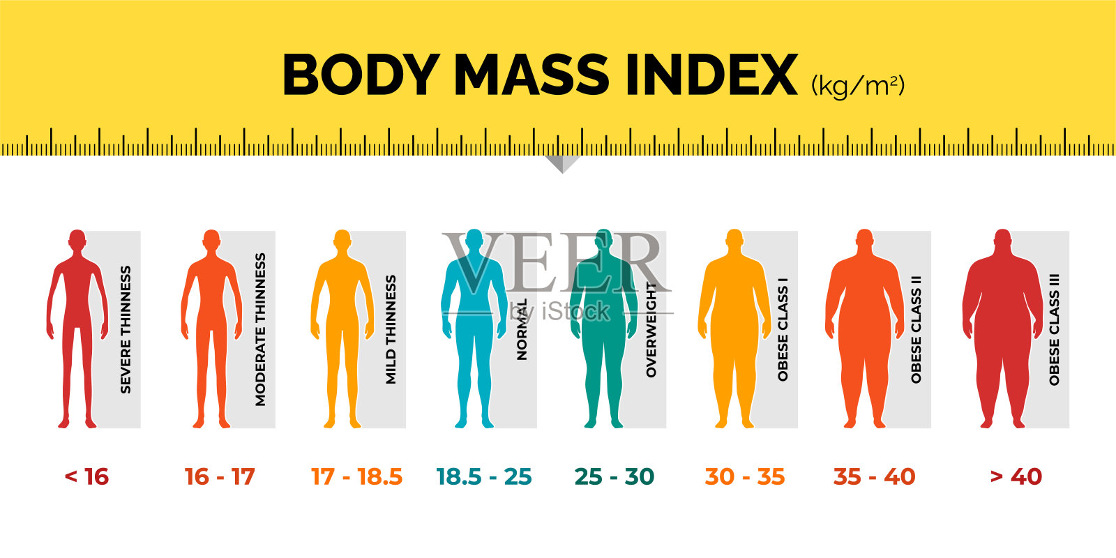 BMI分类图表测量人彩色信息图与标尺。男性体重指数量表收集，从过轻到超重。不同体重水平的人。Eps插图插画图片素材