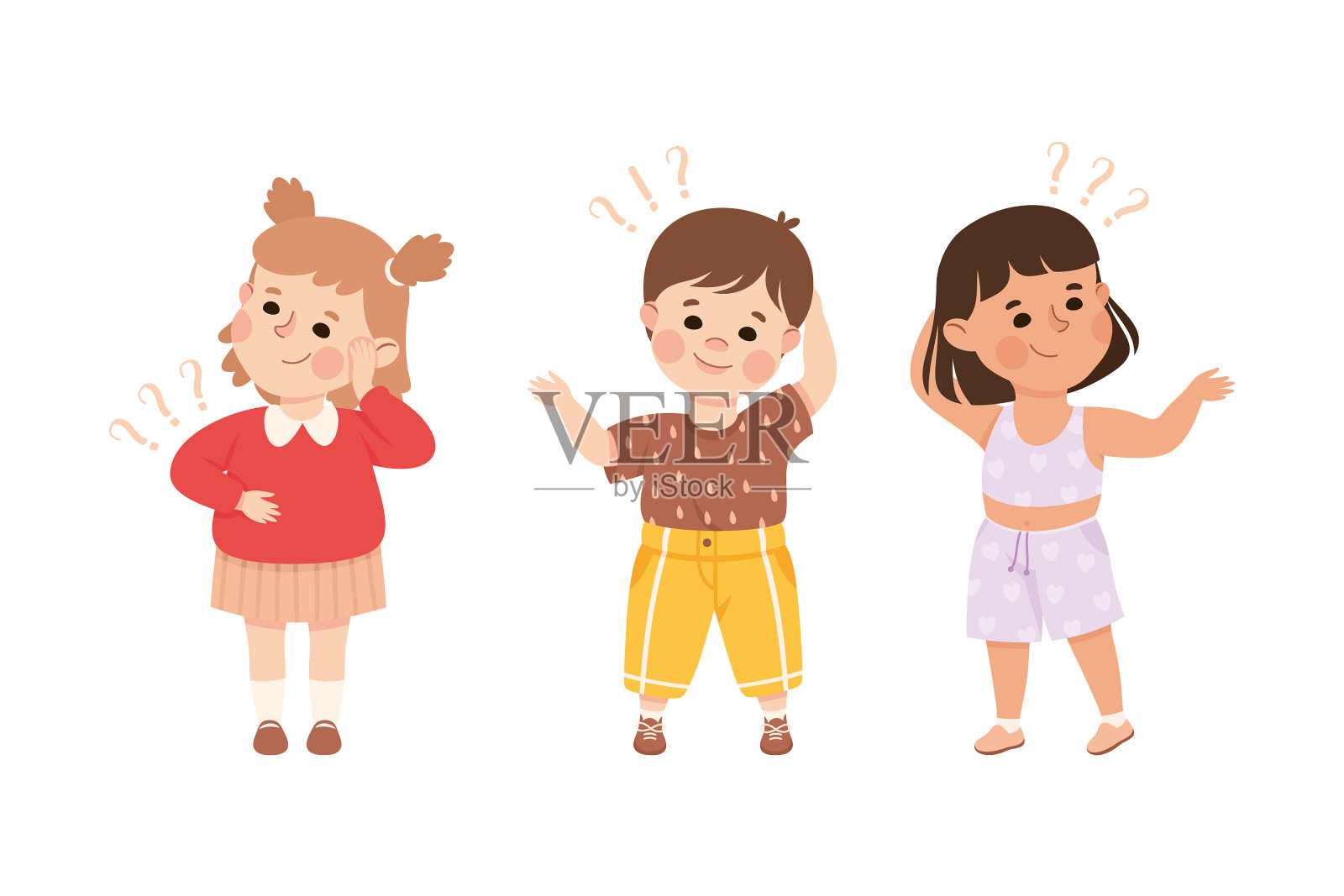 困惑的小男孩和小女孩带着问号插画图片素材