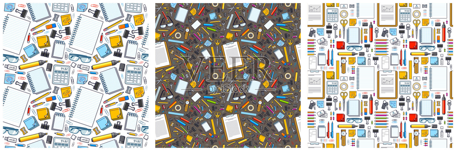 工作办公桌面顶视图与许多不同的文具元素无缝矢量壁纸设置，商务工作主题图像与多样性对象插图图片。插画图片素材