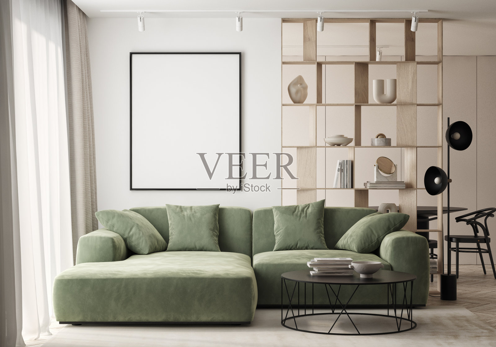 客厅墙上的海报框架模型。现代设计的豪华公寓背景。现代室内设计。3D渲染，3D插图。照片摄影图片