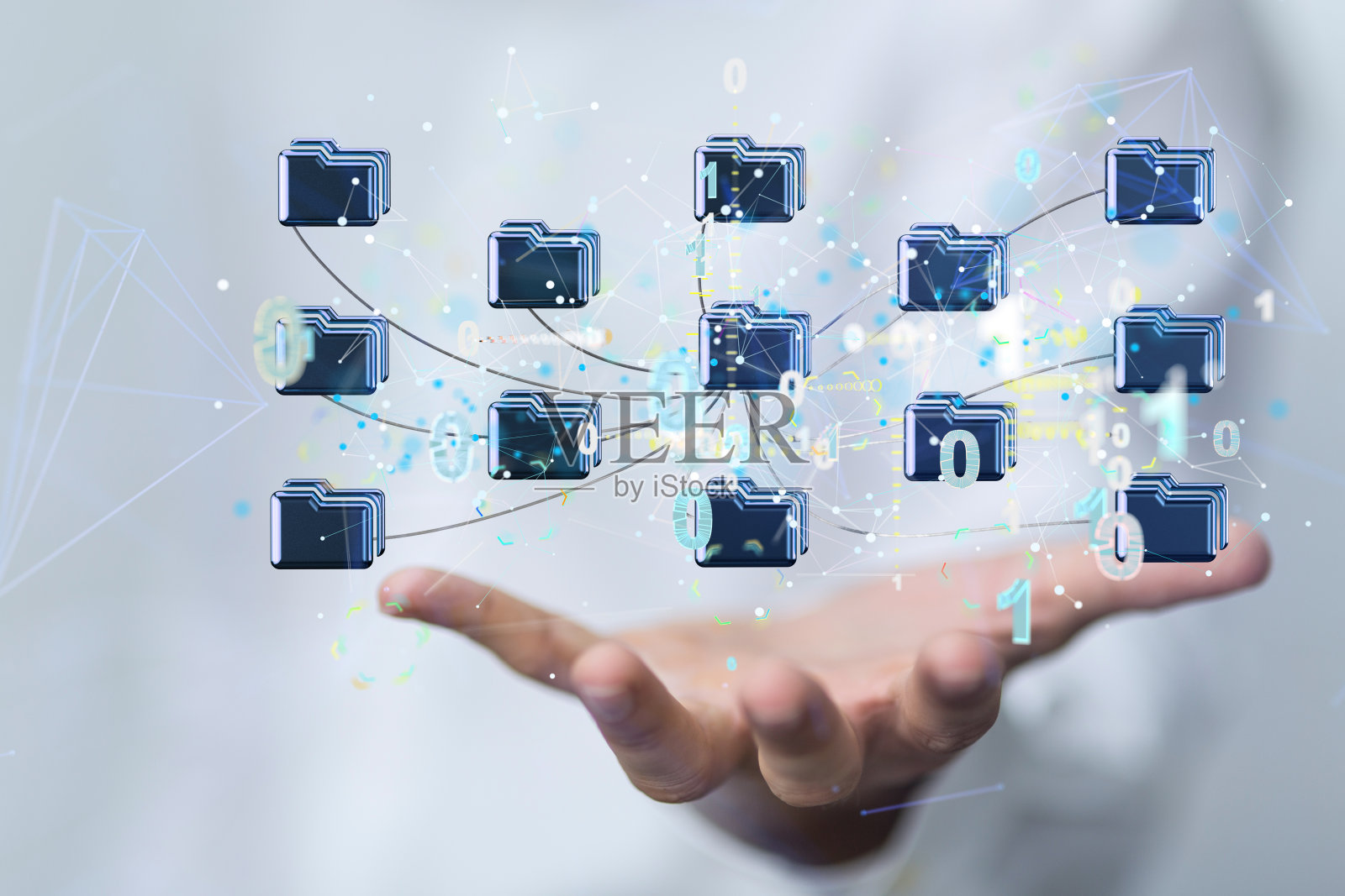 漂浮在男人手上的电子邮件图标的3D渲染-商业沟通的概念照片摄影图片