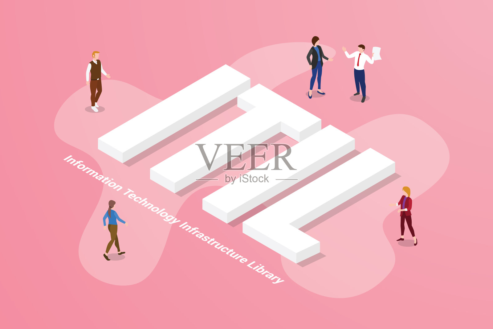 Itil信息技术基础设施图书馆大文字与身边人的现代等距风格插画图片素材