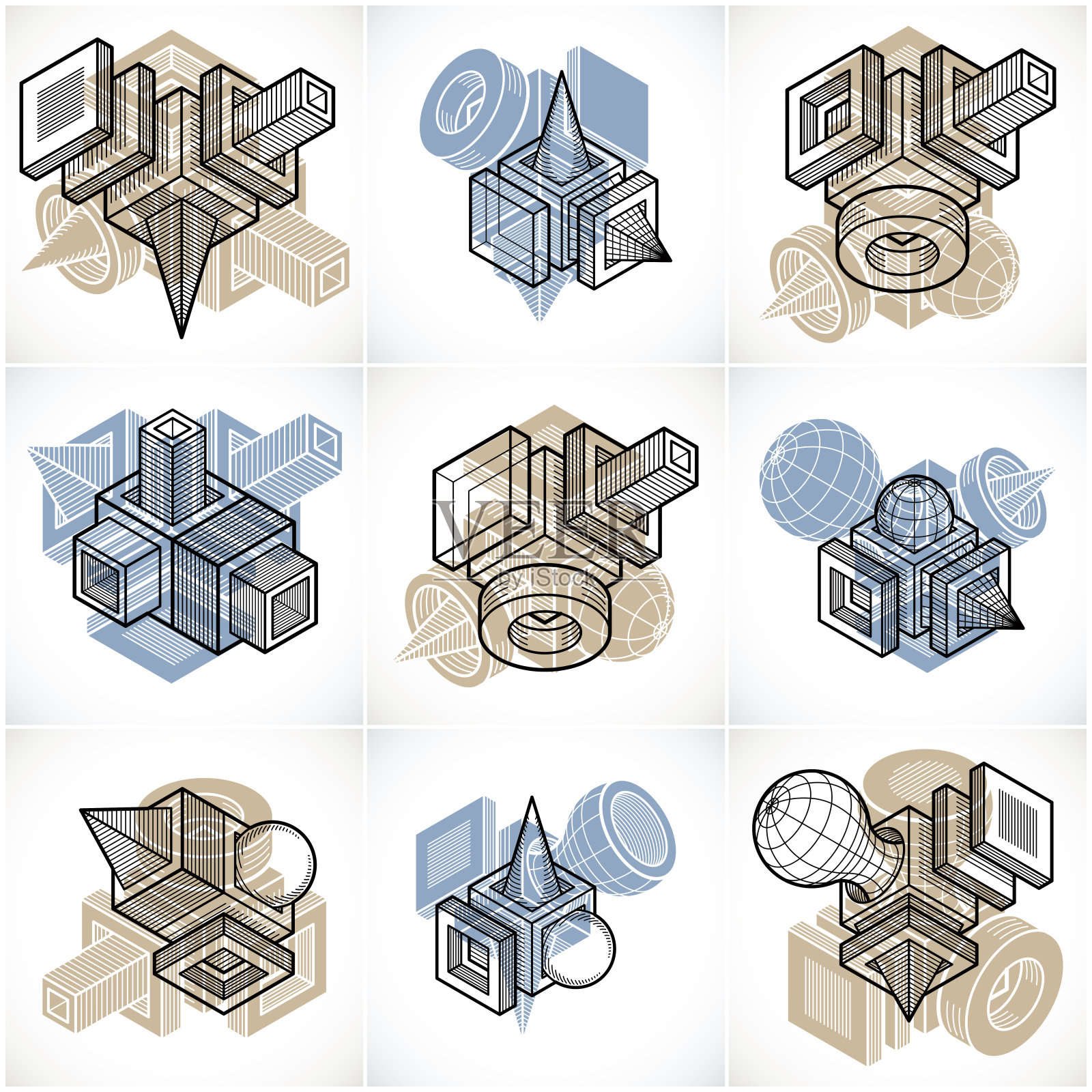 抽象向量集合，等距维度形状集合。插画图片素材