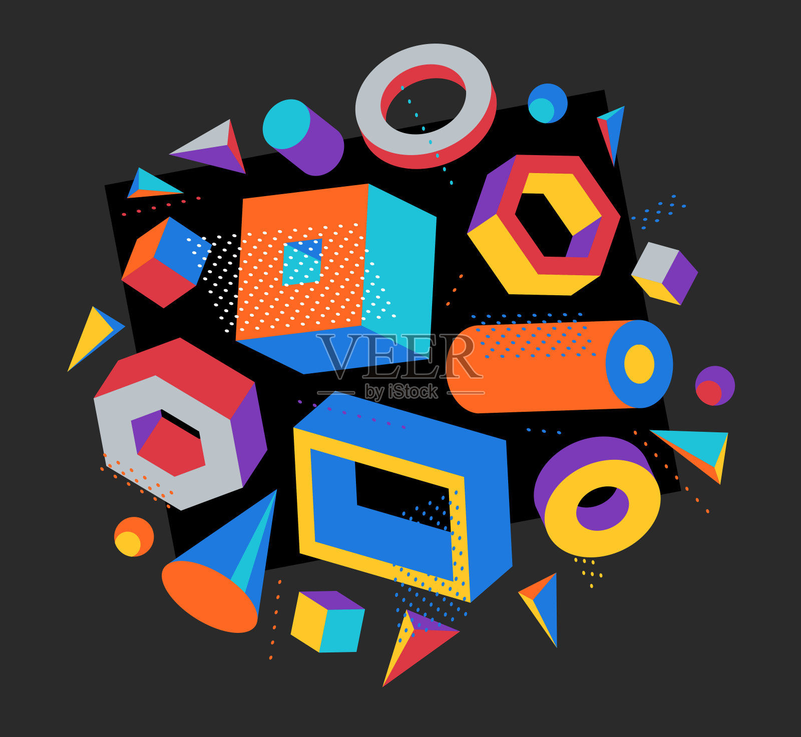 彩色3D形状矢量组成在黑暗的背景，明亮的正面维度设计元素，盒子和圆柱体等形状简单时尚的插图。插画图片素材