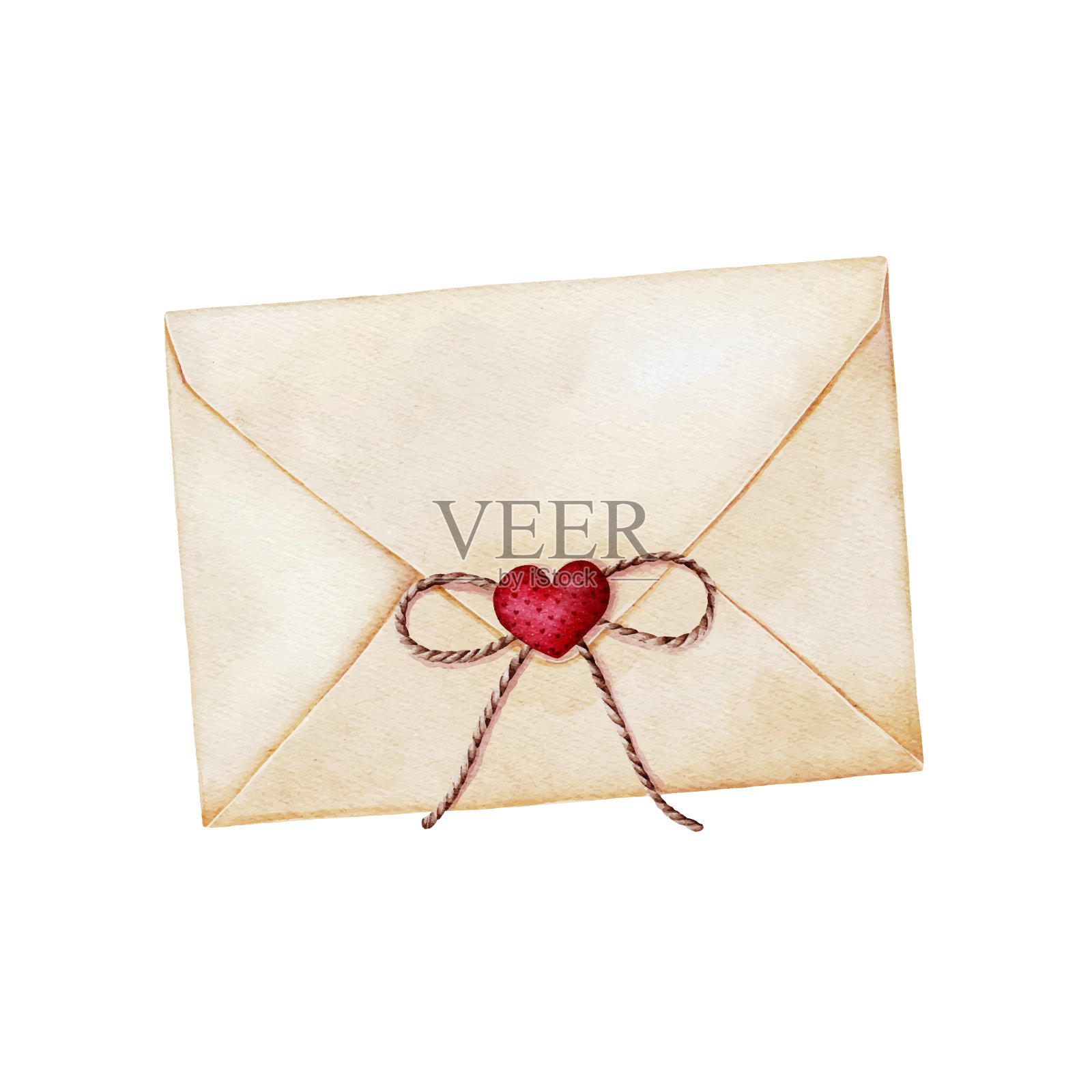 信封上装饰有细绳绳弓和红心。情人节的情书。插画图片素材
