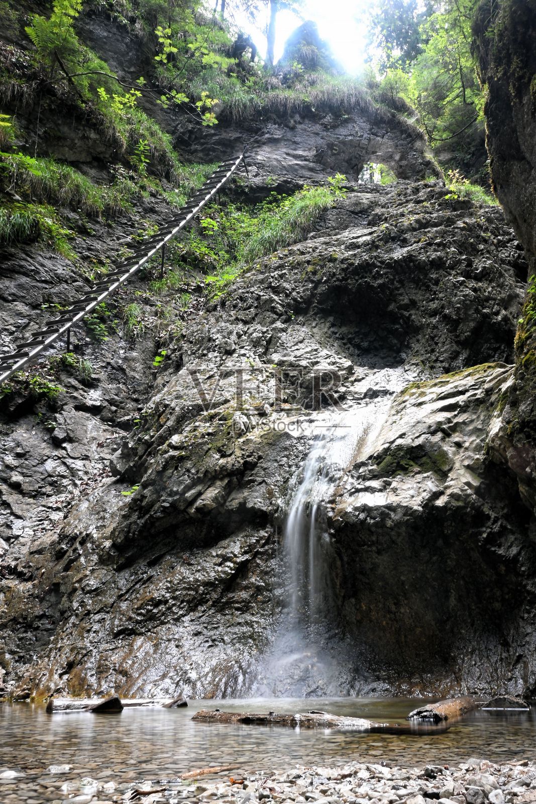 瀑布从悬崖上直冲而下照片摄影图片