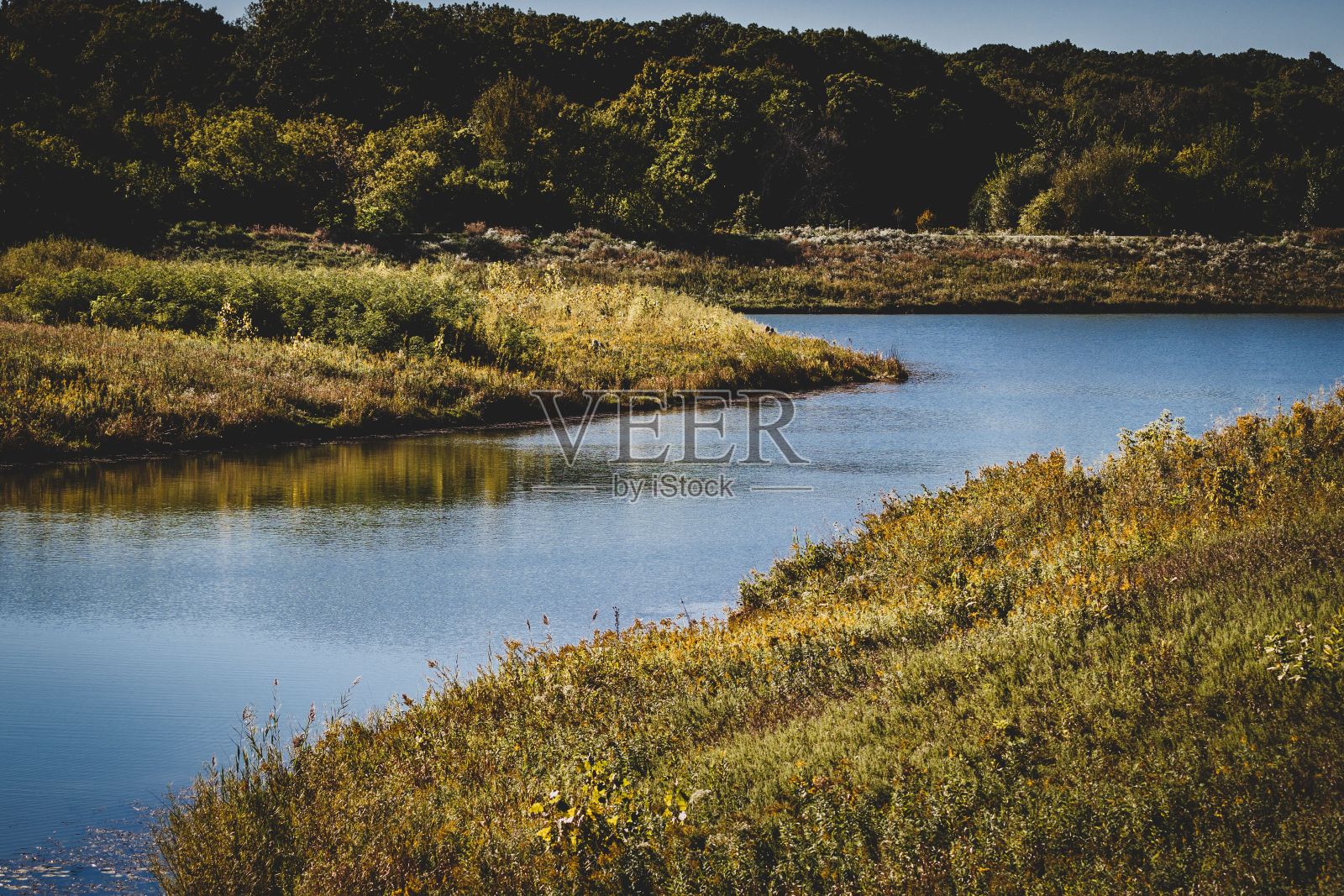 河流流过绿色的田野，凉爽的背景照片摄影图片