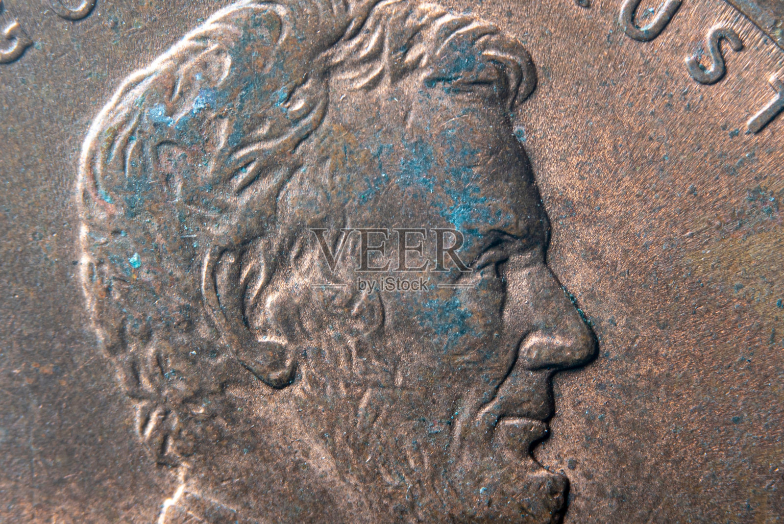 亚伯拉罕·林肯在金属硬币上的肖像特写照片摄影图片