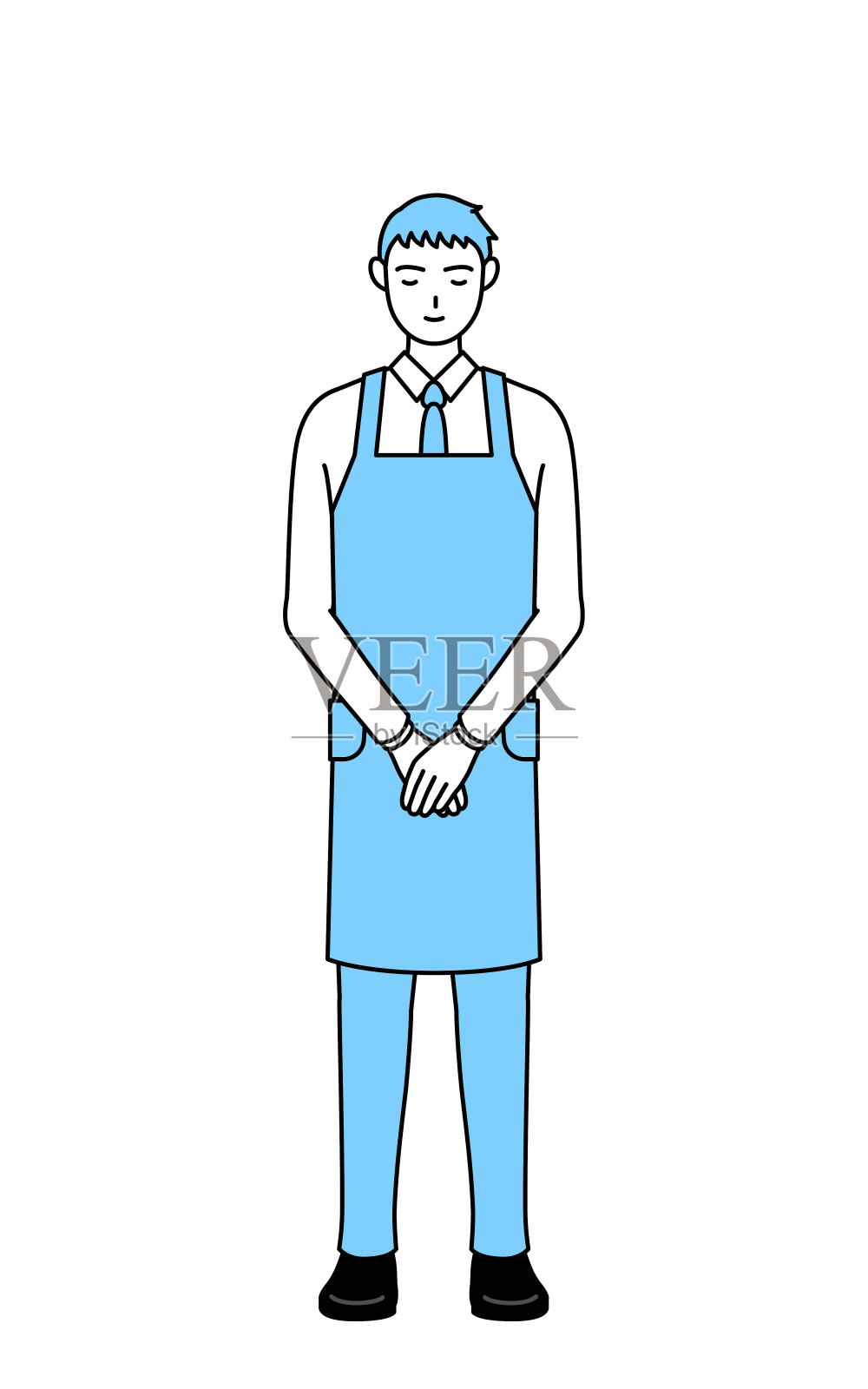 一个穿着围裙，双手合十鞠躬的男人。插画图片素材
