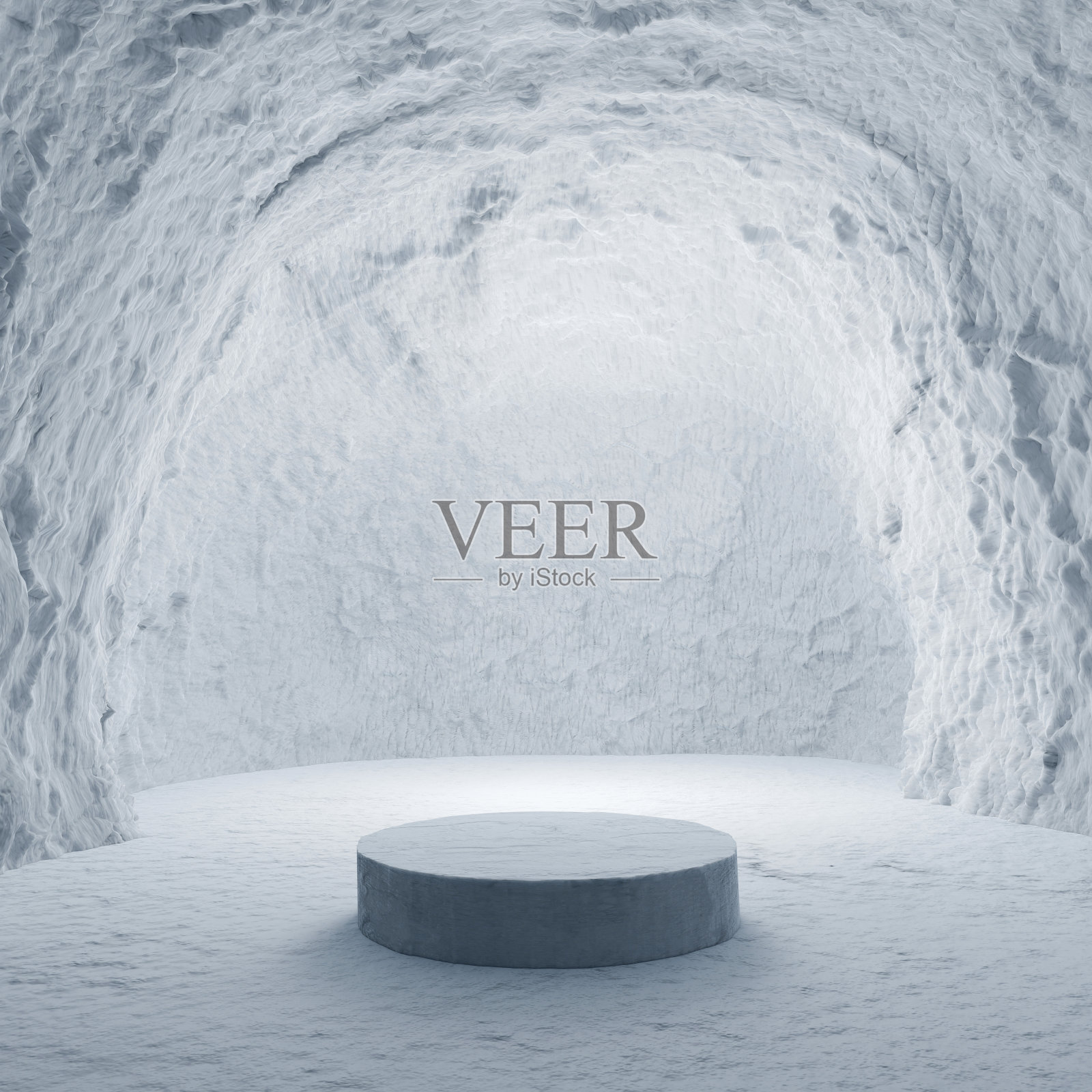 摘要三维渲染冬季场景和自然平台背景，在冰雪洞穴的雪地上进行石材平台的产品展示广告等照片摄影图片