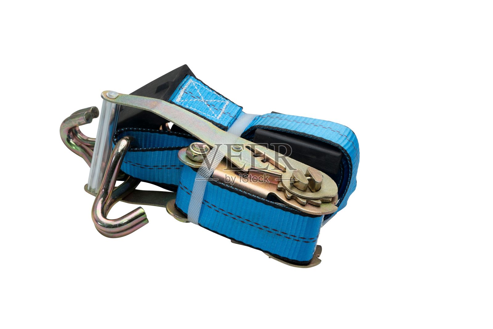 卷轴蓝色货物带与不锈钢棘轮隔离在白色背景照片摄影图片