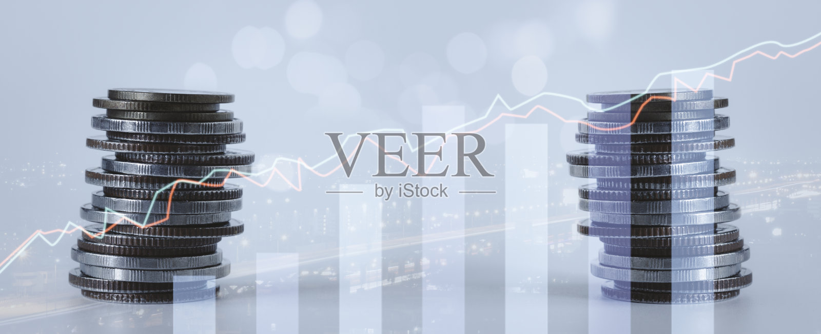 双重曝光的图形和行钱硬币为金融，投资和商业概念。照片摄影图片