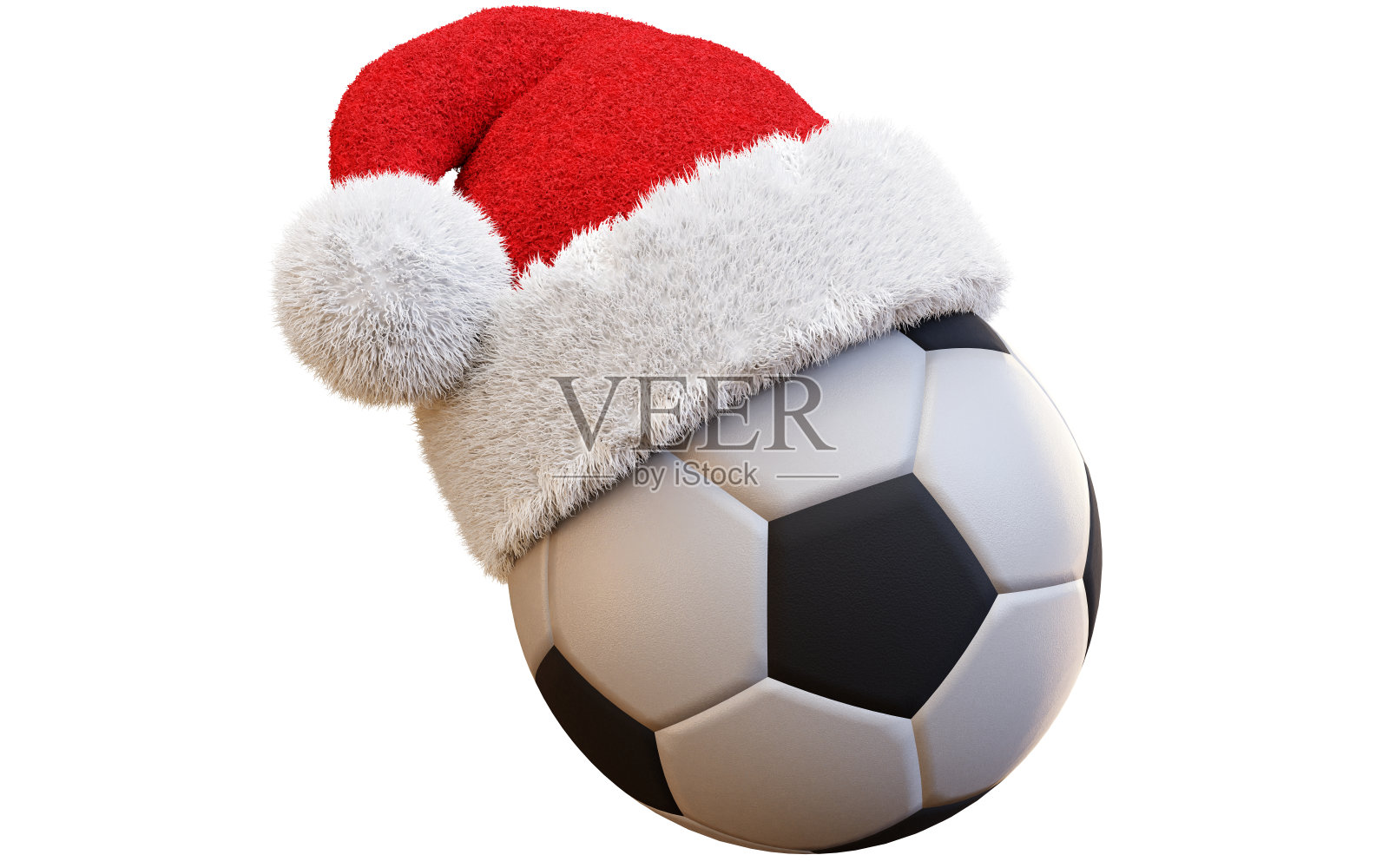 圣诞老人帽子和足球。新年，假期和购物概念。带有裁剪路径的3D插图照片摄影图片