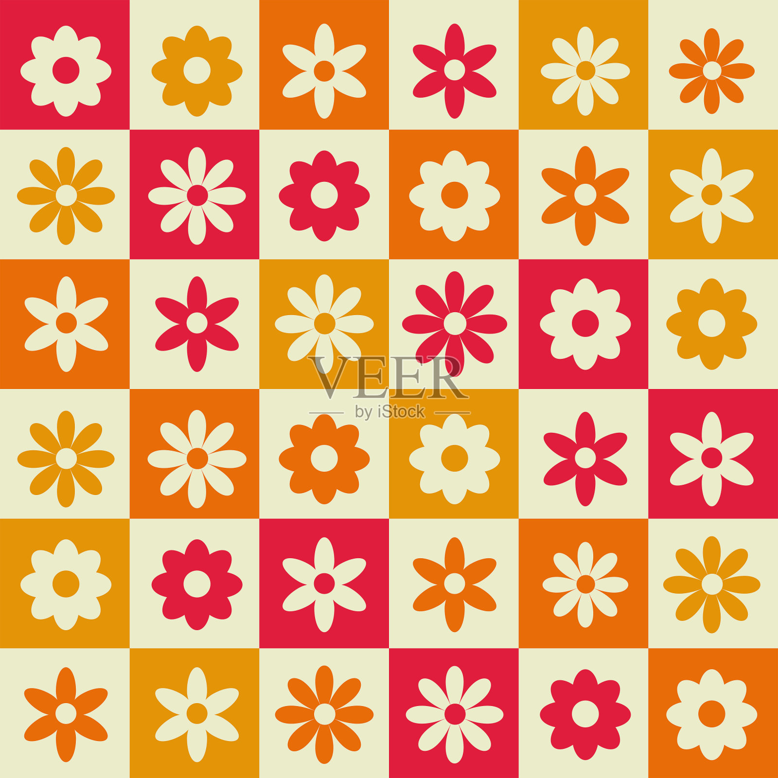 可爱的复古花朵无缝图案在红色，橙色，黄色和米黄色棋盘板。插画图片素材