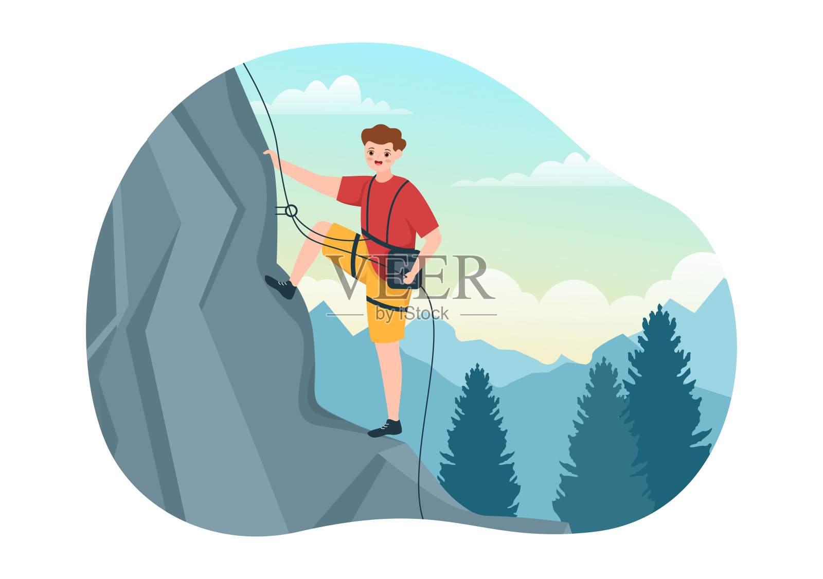 悬崖攀登插图与攀登者爬岩壁或山峭壁和极限活动运动在平面卡通手绘模板插画图片素材