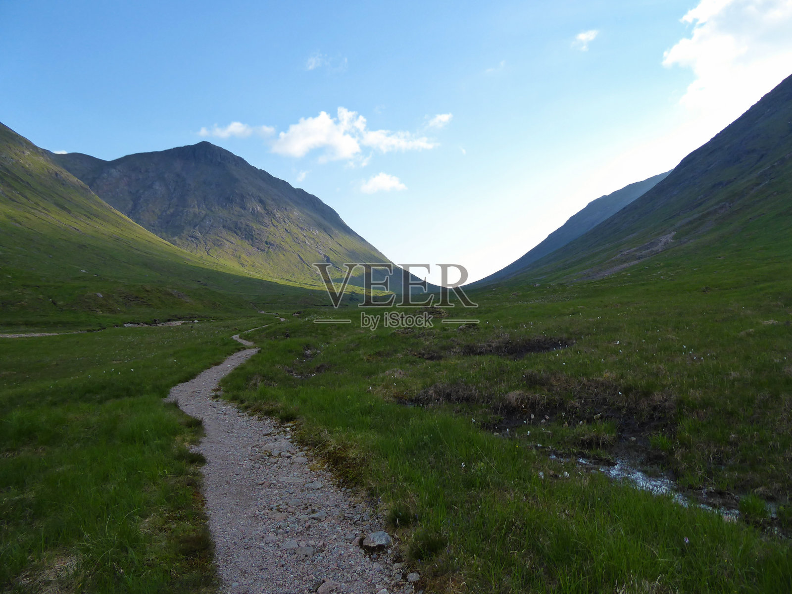 一条小径和山间小溪从镜头处通向一个宽阔的山谷。太阳落在后面的山上照片摄影图片