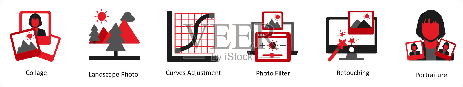 六个摄影图标在红色和黑色的拼贴画，风景，照片图标素材