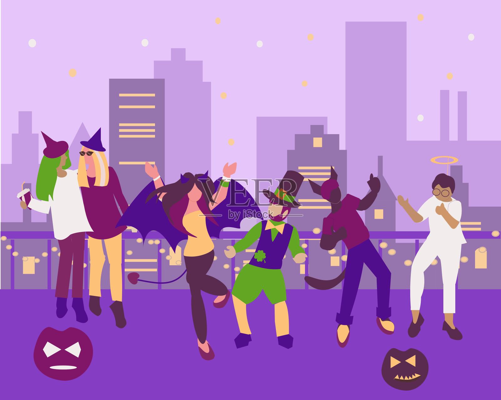 夜晚，穿着万圣节服装的人们在屋顶跳舞。城市景观背景平面插图设计模板素材