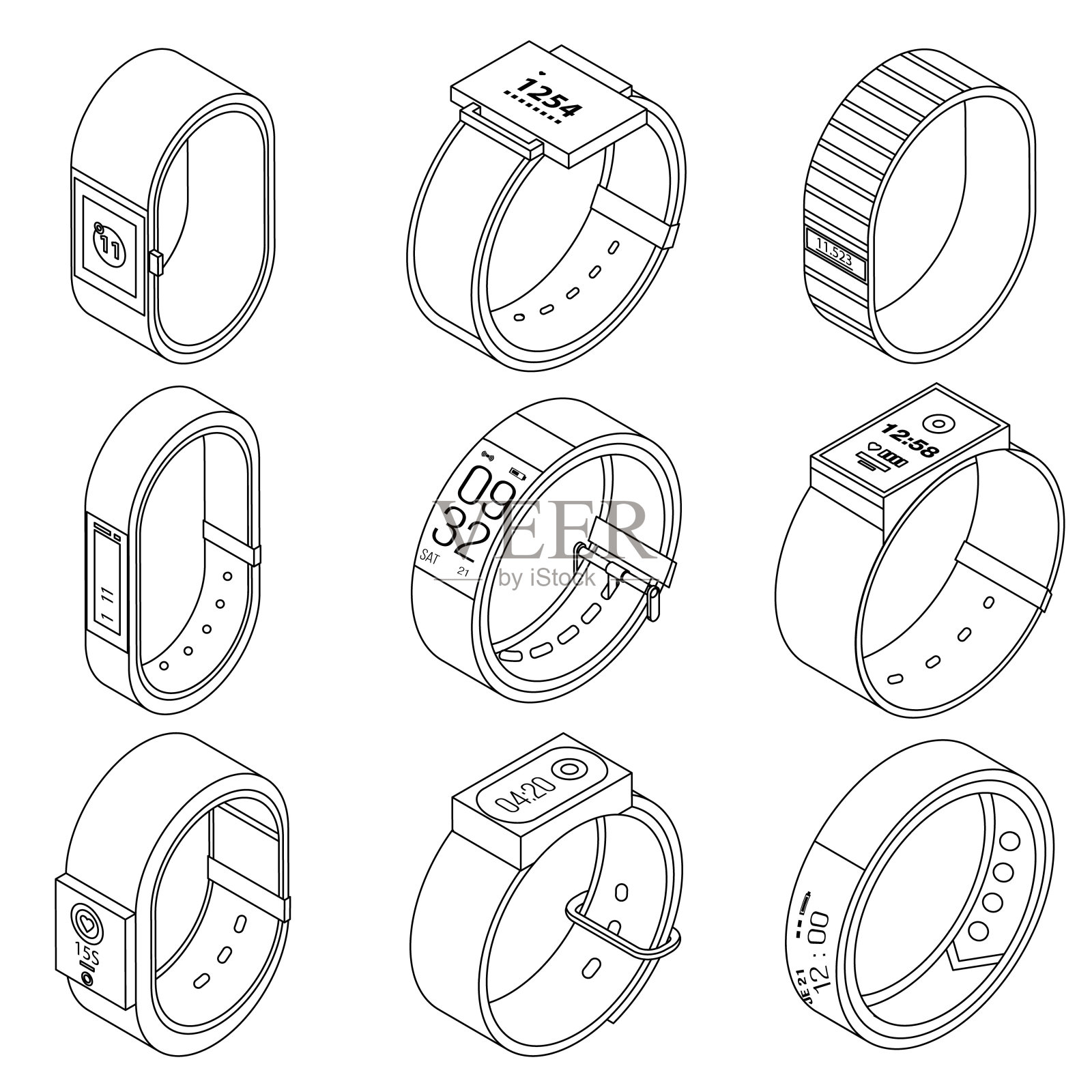 健身追踪器图标设置矢量轮廓插画图片素材