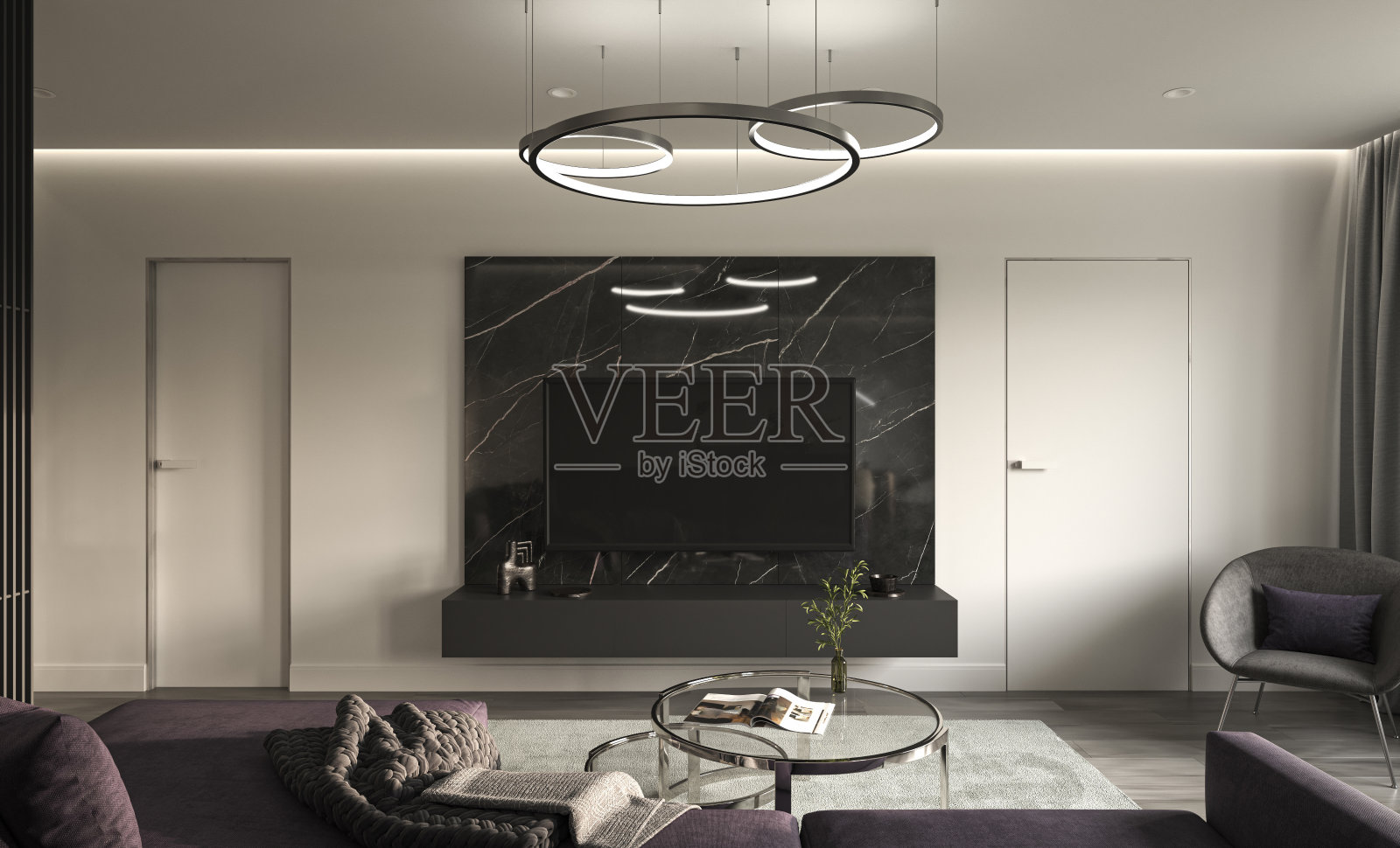 客厅室内设计，模拟电视墙背景。三维渲染室内设计场景。照片摄影图片