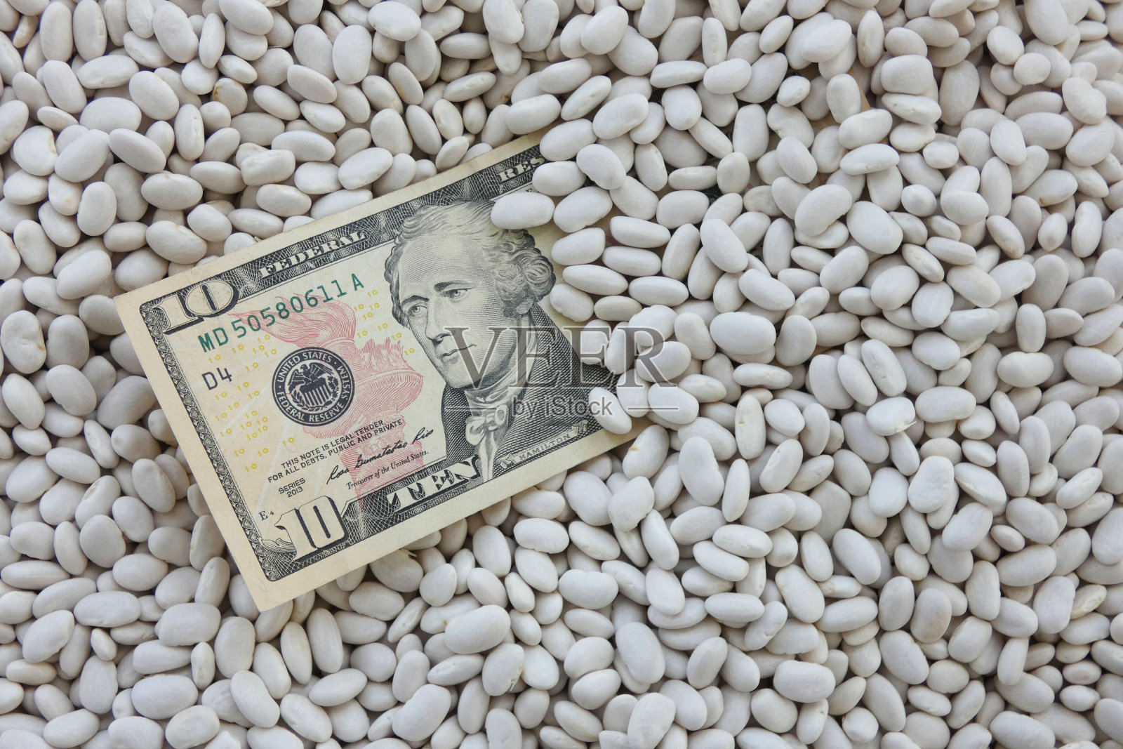白豆放在碗里，上面有10美元的钞票，白豆的价格上涨了。照片摄影图片