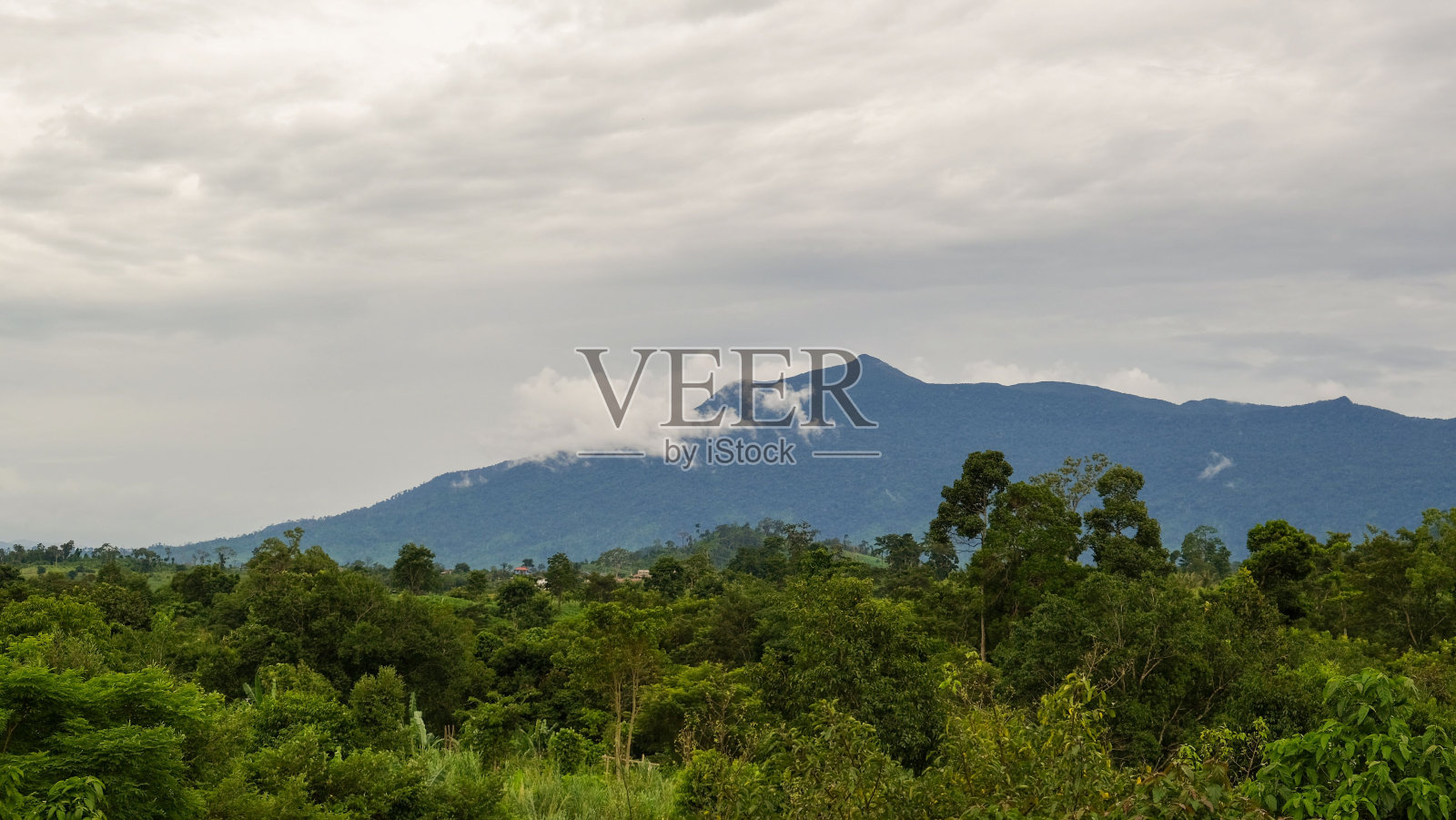 多云阴沉的天空覆盖着绿色的树木和轮廓的山丘照片摄影图片