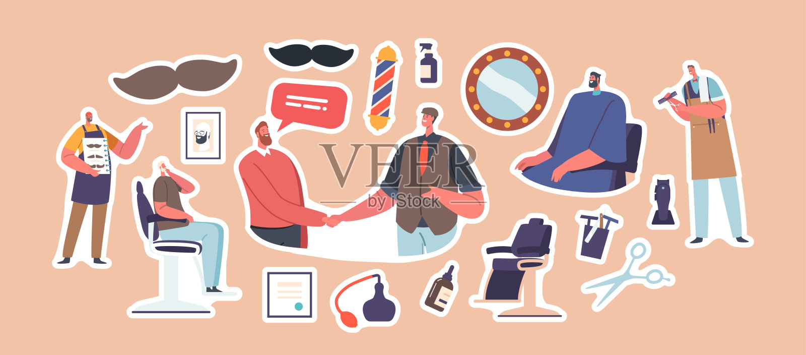 一套贴纸理发店服务。理发师剪刀，客户，八字胡，感激的顾客与理发师握手插画图片素材