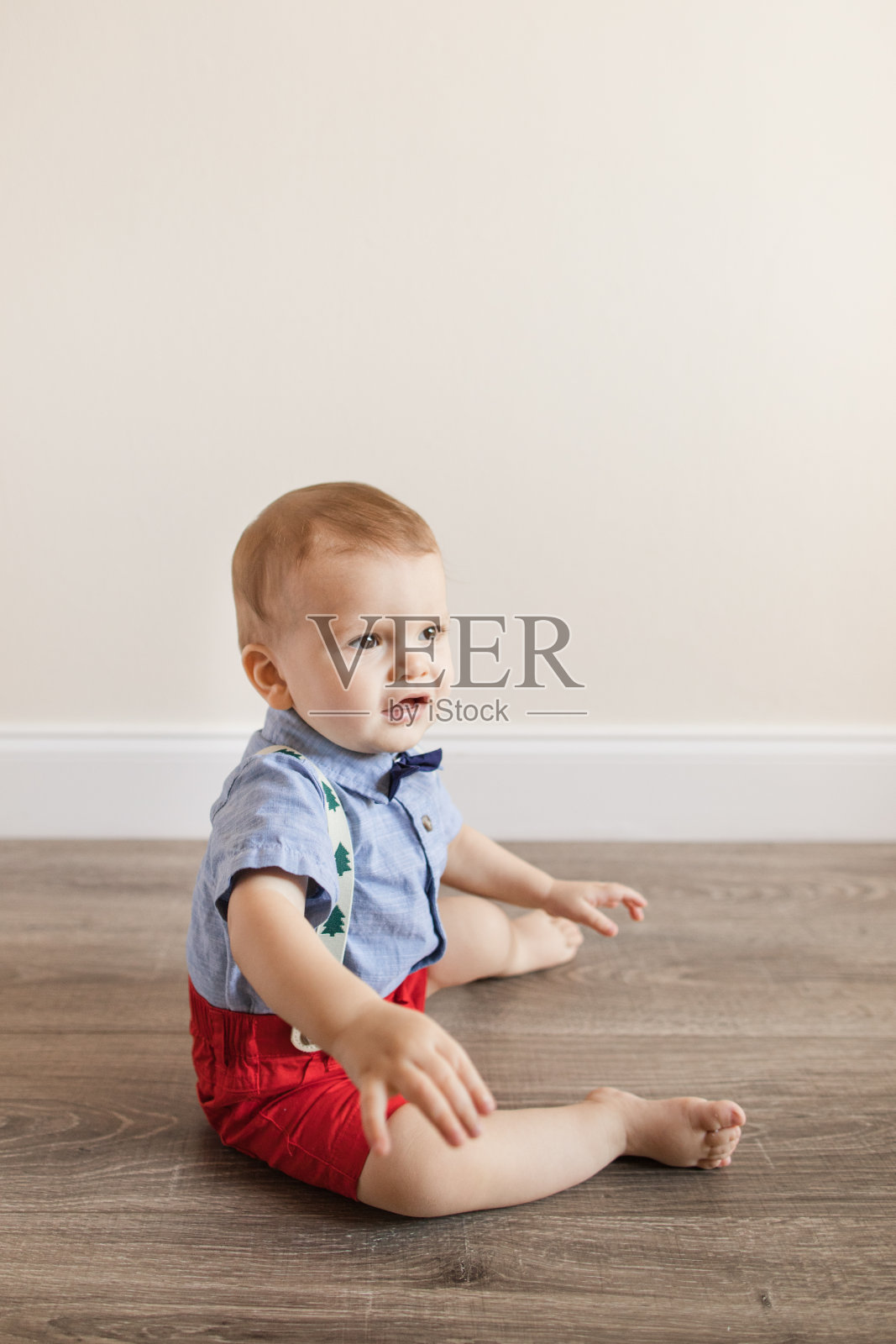 一个11个月大的圣诞宝宝，有12个圣诞脚趾，戴着领结，绿色圣诞树背带，红色短裤和蓝色短袖纽扣衬衫，坐在木地板上玩耍，准备迎接2022年的生日和圣诞节照片摄影图片
