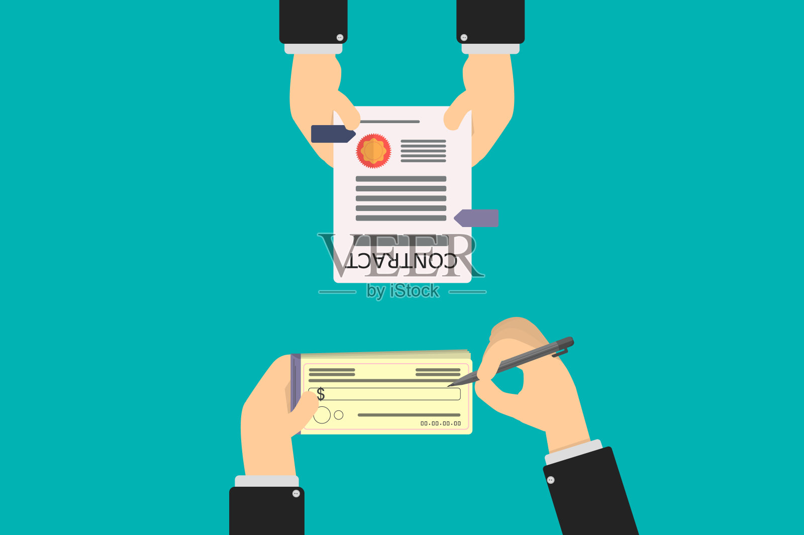 银行支票签收销售合同，隔离式平房设计插画图片素材