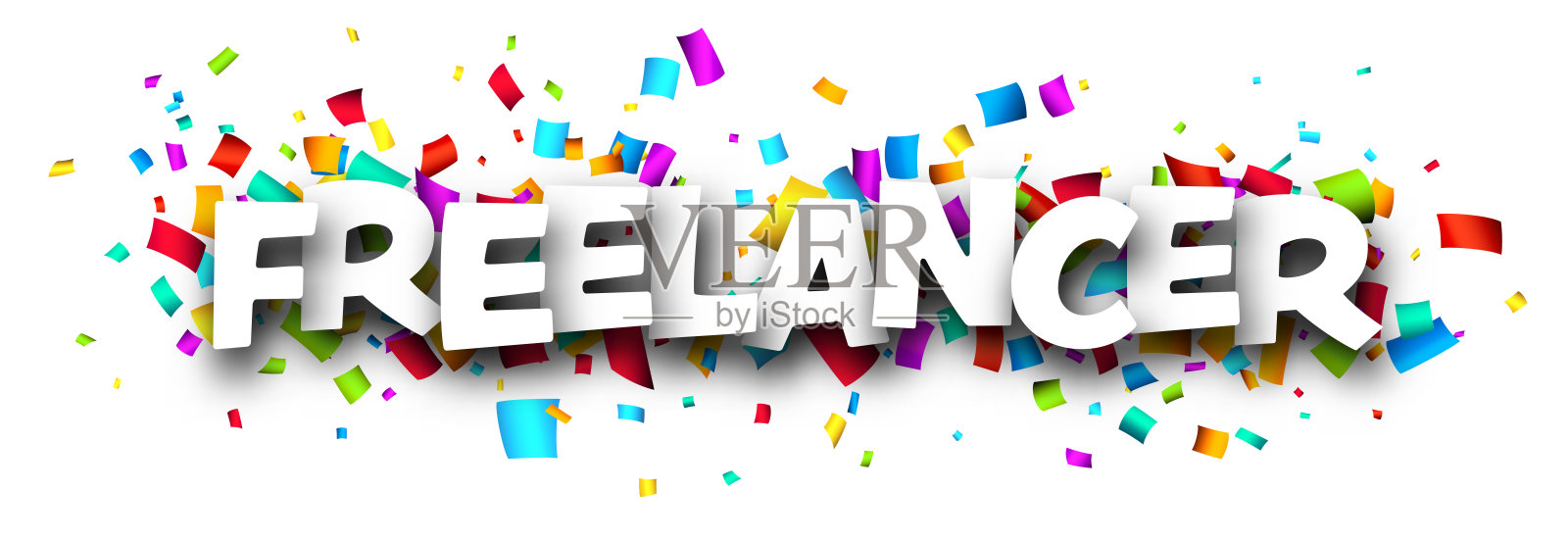 自由职业者的标志在彩色剪出彩带五彩纸屑背景。插画图片素材